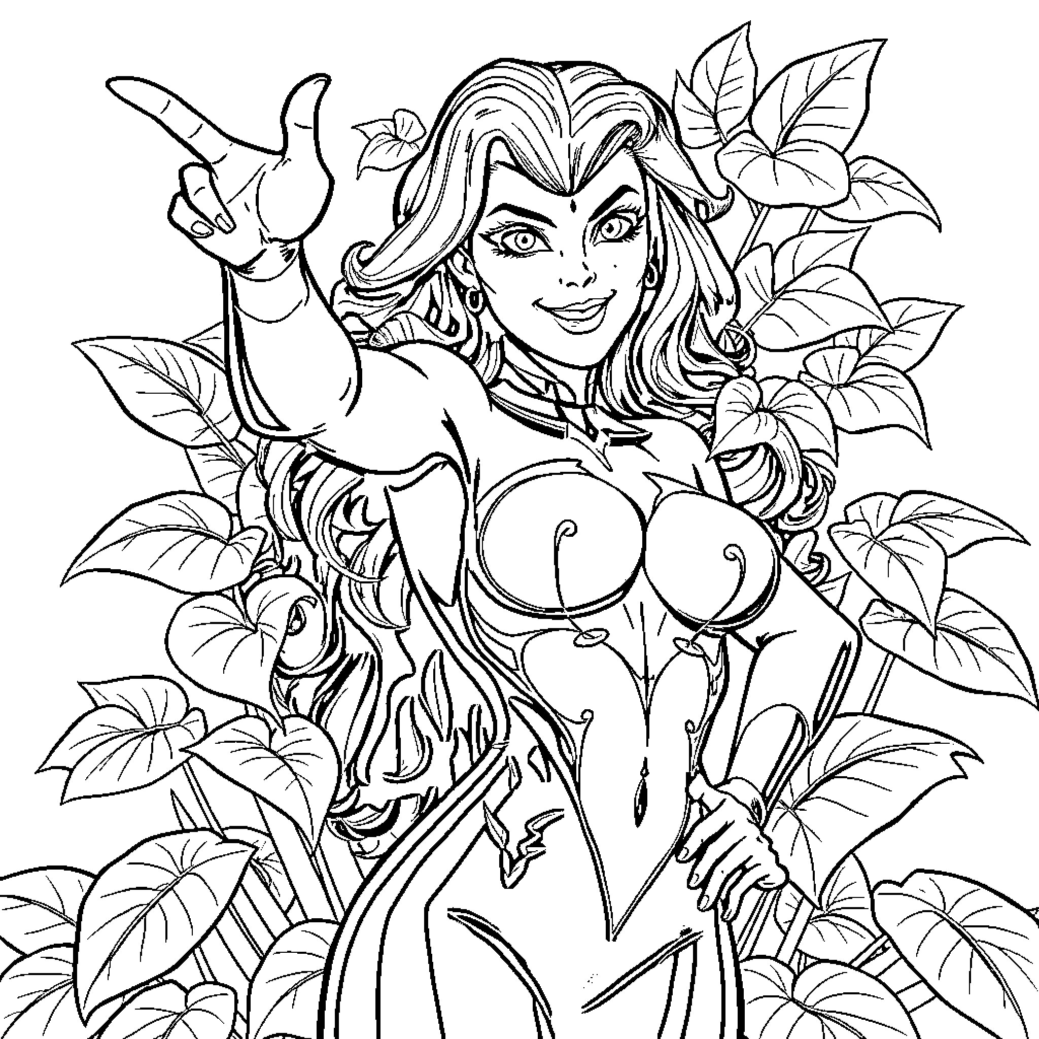 Poison Ivy posing confidently in the wilderness Coloring Page (free black-and-white line drawing printable PDF for all, from beginners to advanced learners, including children, teens, adults, and seniors)