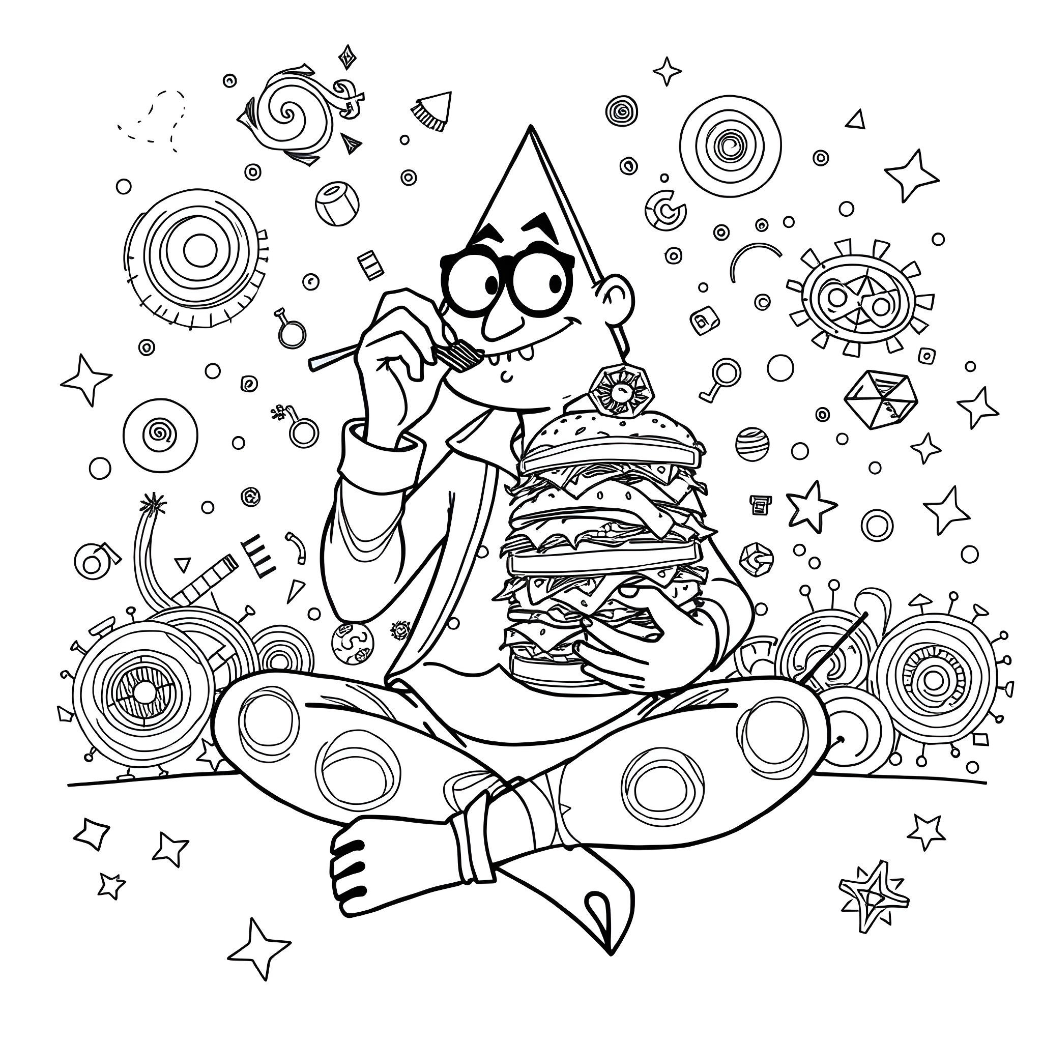 Bill Cipher indulging in an epic burger Coloring Page (free black-and-white line drawing printable PDF for all, from beginners to advanced learners, including children, teens, adults, and seniors)