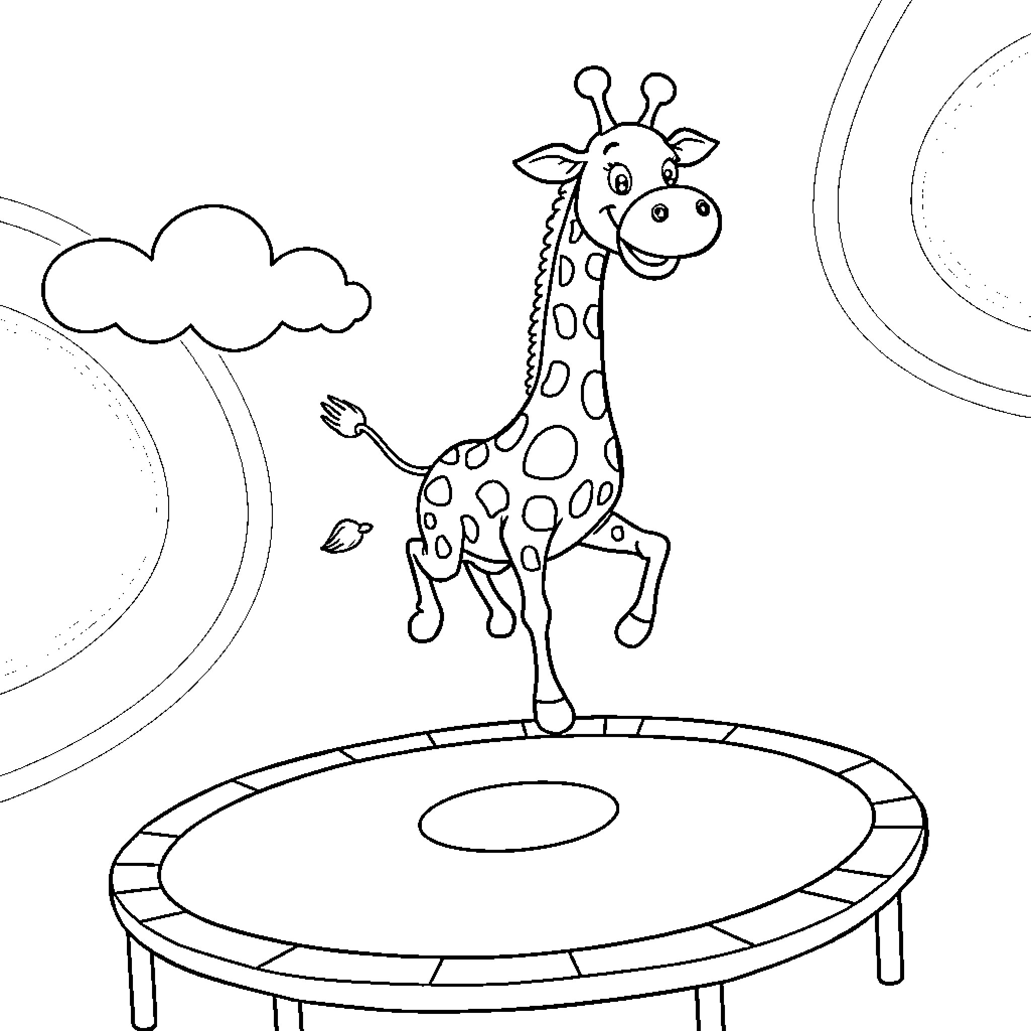 Giraffe Jumping on Trampoline in the Sky Coloring Page (free black-and-white line drawing printable PDF for all, from beginners to advanced learners, including children, teens, adults, and seniors)