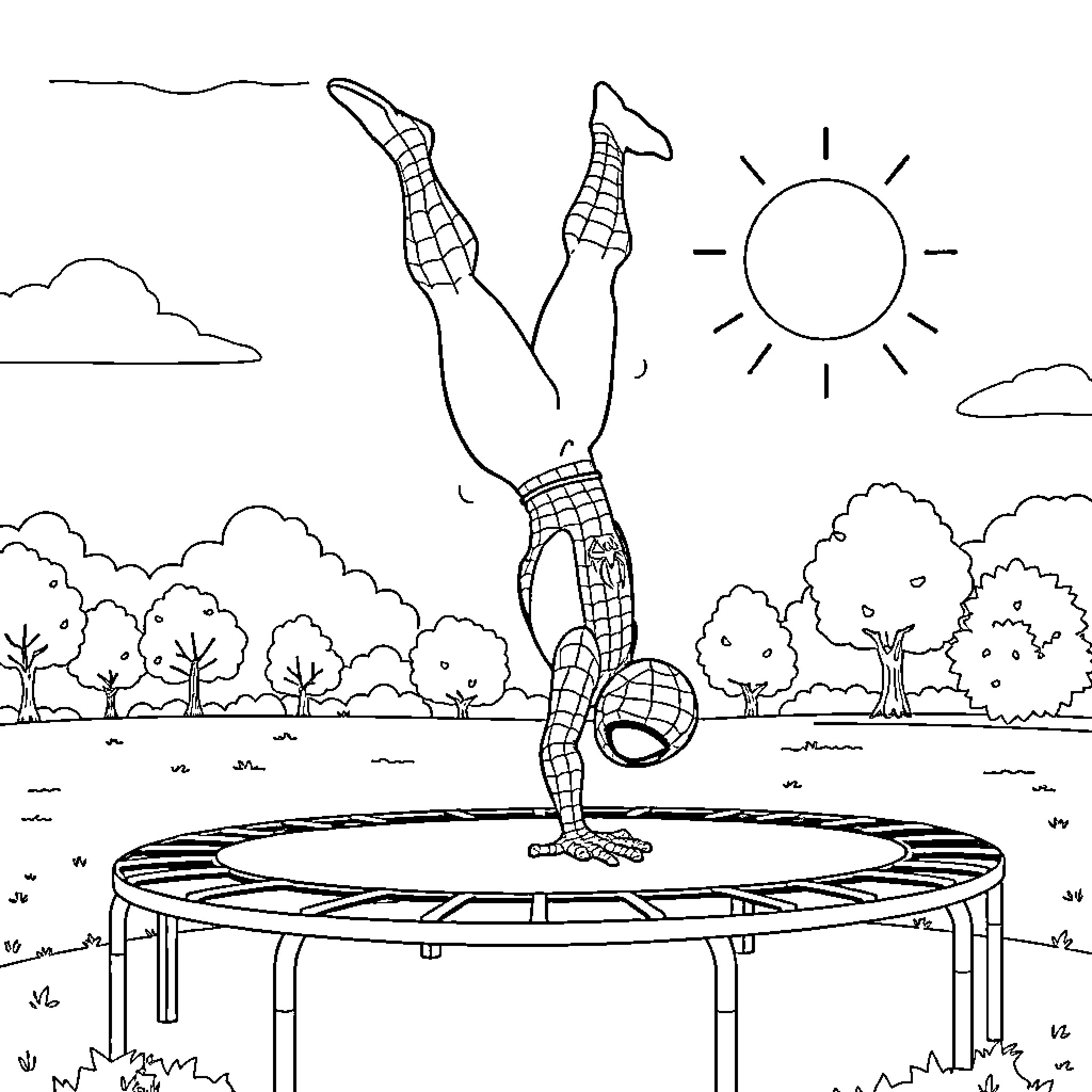 Spiderman performs acrobatic feats on trampoline in nature Coloring Page (free black-and-white line drawing printable PDF for all, from beginners to advanced learners, including children, teens, adults, and seniors)