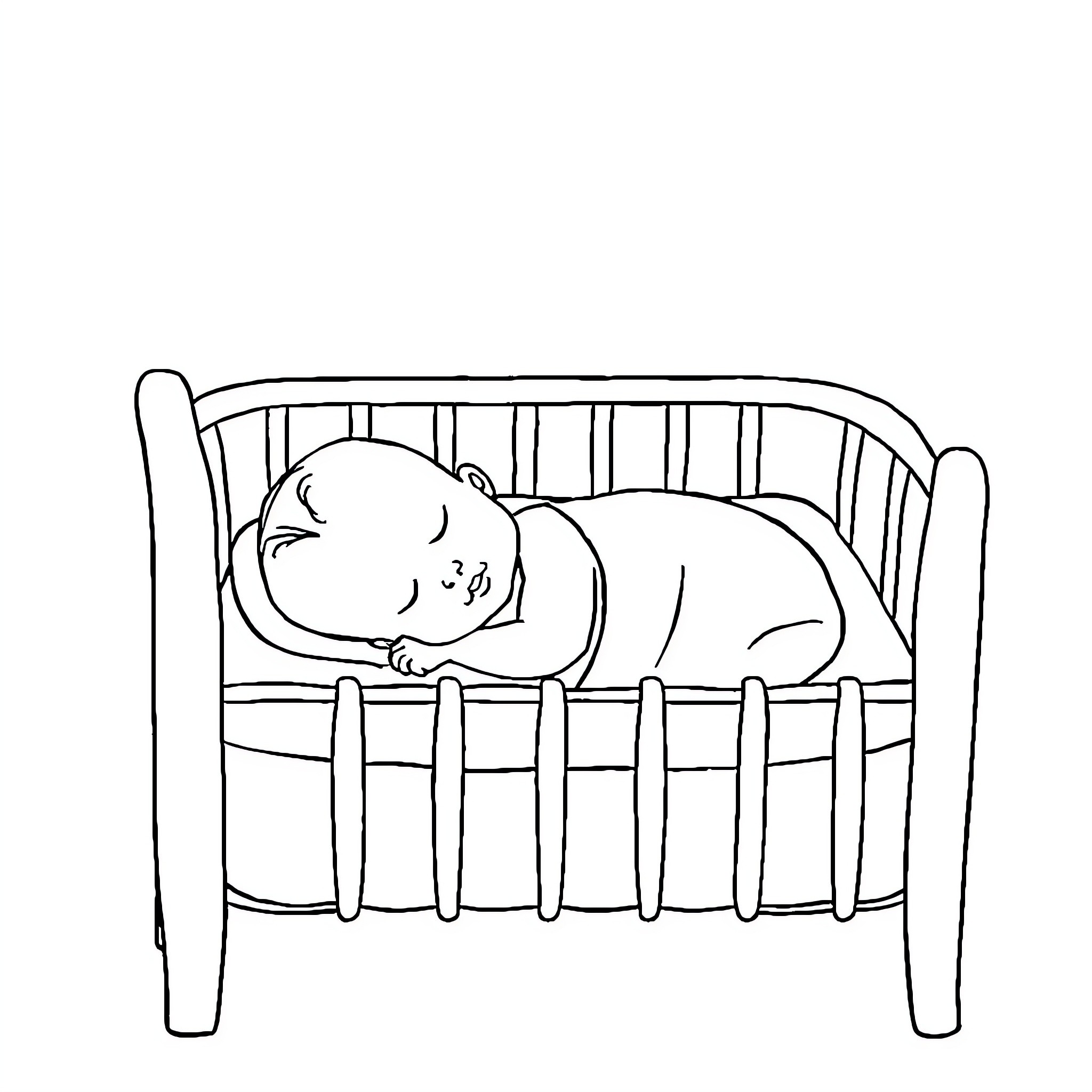 Baby sleeping peacefully in crib Coloring Page (free black-and-white line drawing printable PDF for all, from beginners to advanced learners, including children, teens, adults, and seniors)