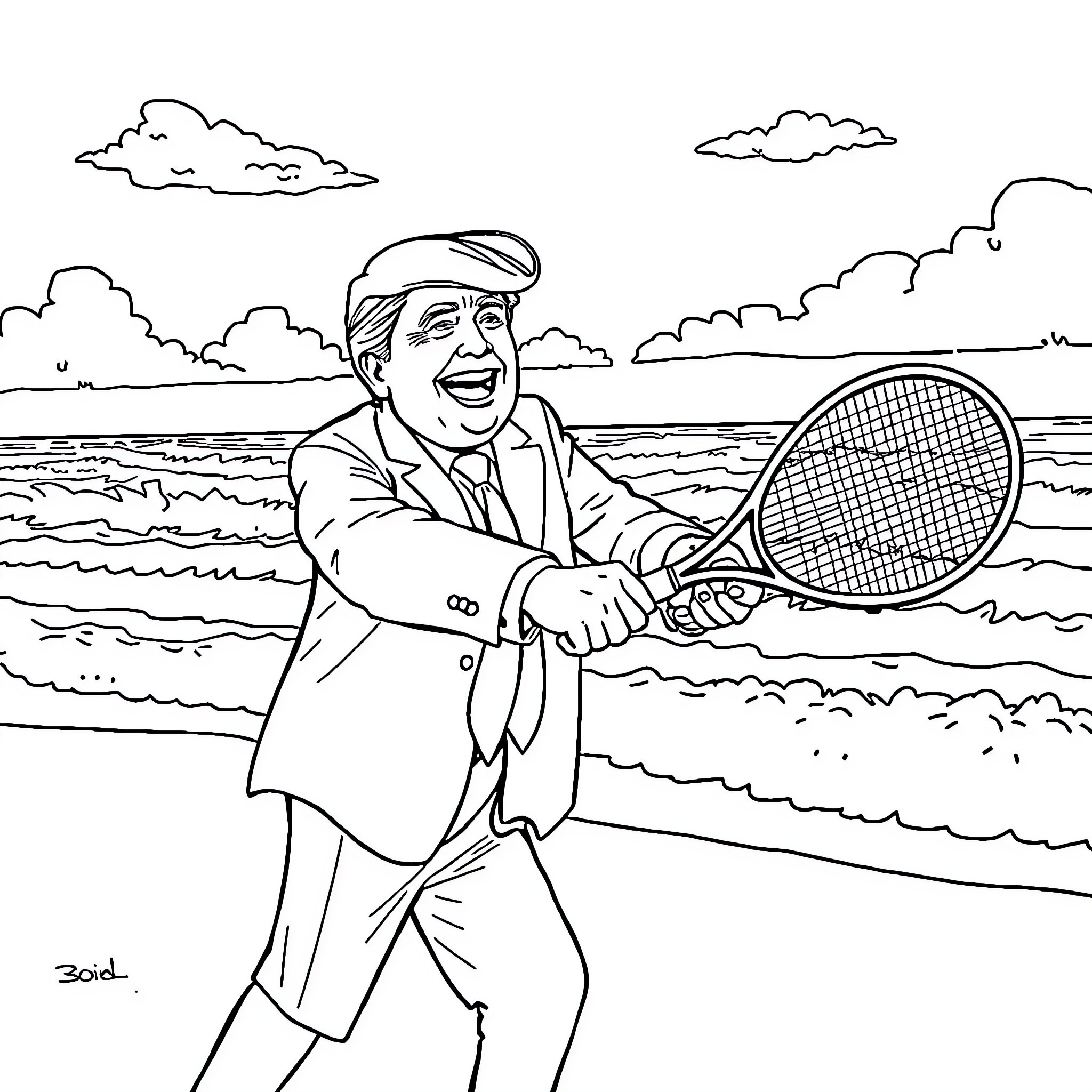 Donald Trump playing tennis near the ocean Coloring Page (free black-and-white line drawing printable PDF for all, from beginners to advanced learners, including children, teens, adults, and seniors)