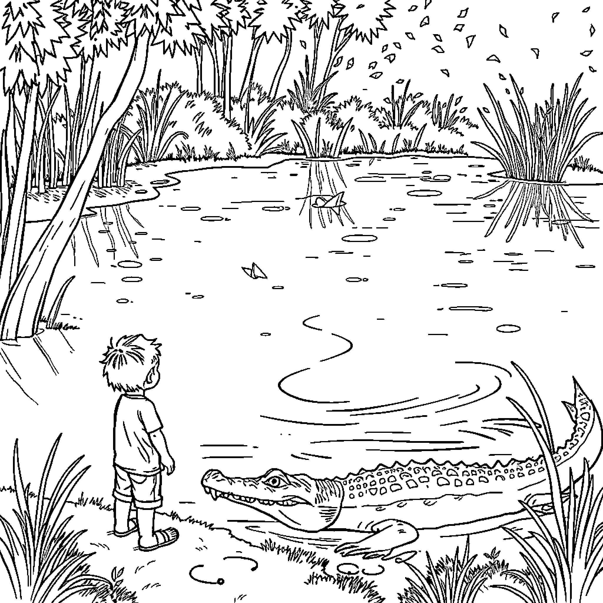 Boy exploring the swampy wetlands Coloring Page (free black-and-white line drawing printable PDF for all, from beginners to advanced learners, including children, teens, adults, and seniors)