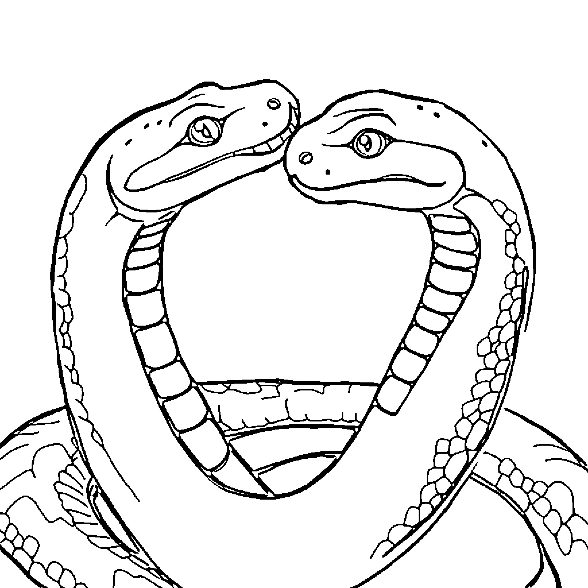 Snake siblings embracing playfully Coloring Page (free black-and-white line drawing printable PDF for all, from beginners to advanced learners, including children, teens, adults, and seniors)
