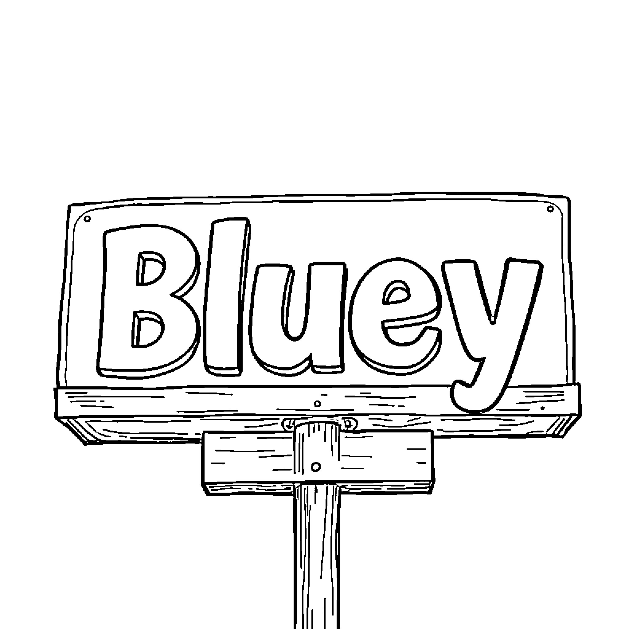 Bluey playing on a wooden sign Coloring Page (free black-and-white line drawing printable PDF for all, from beginners to advanced learners, including children, teens, adults, and seniors)
