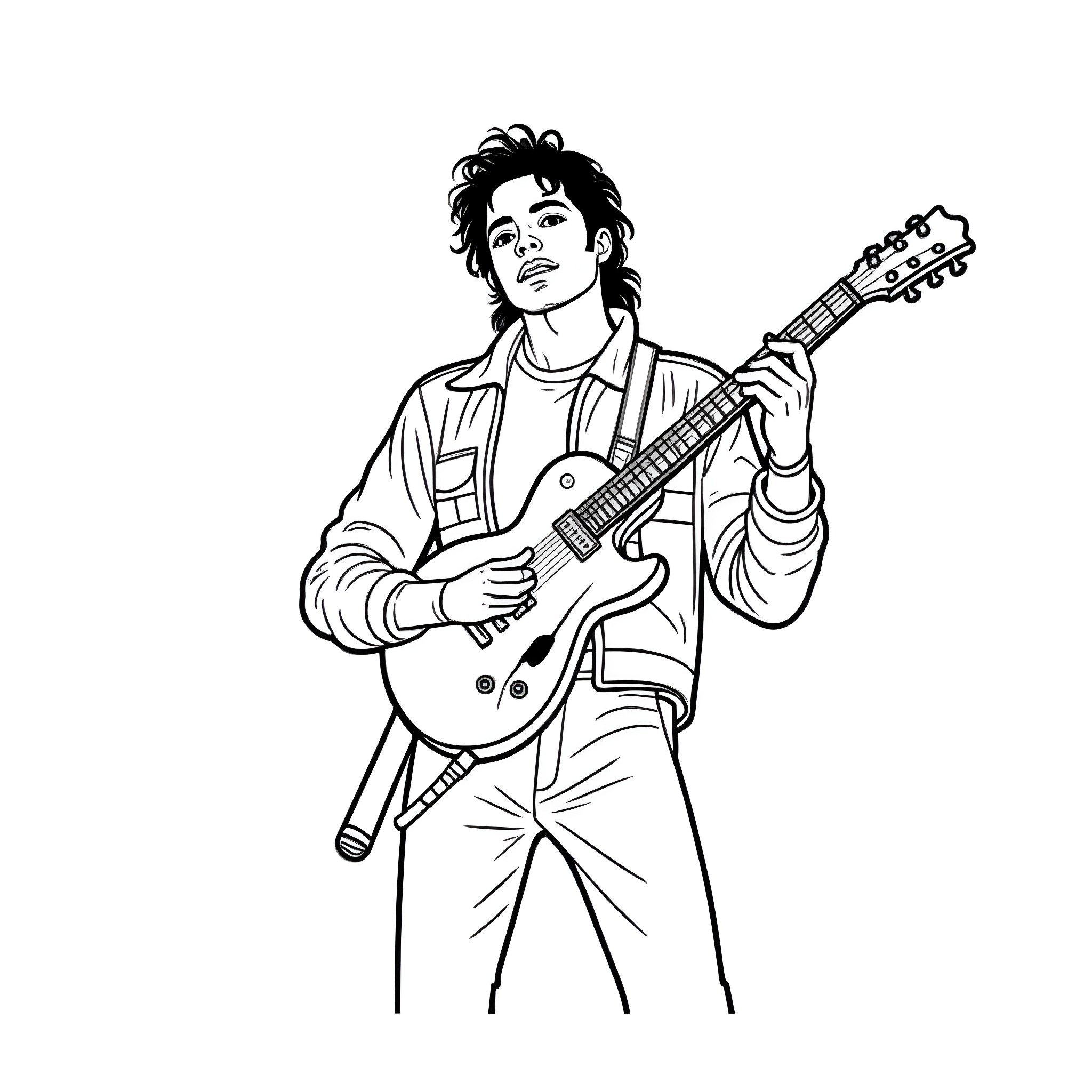 Michael Jackson Playing Electric Guitar Passionately Coloring Page (free black-and-white line drawing printable PDF for all, from beginners to advanced learners, including children, teens, adults, and seniors)