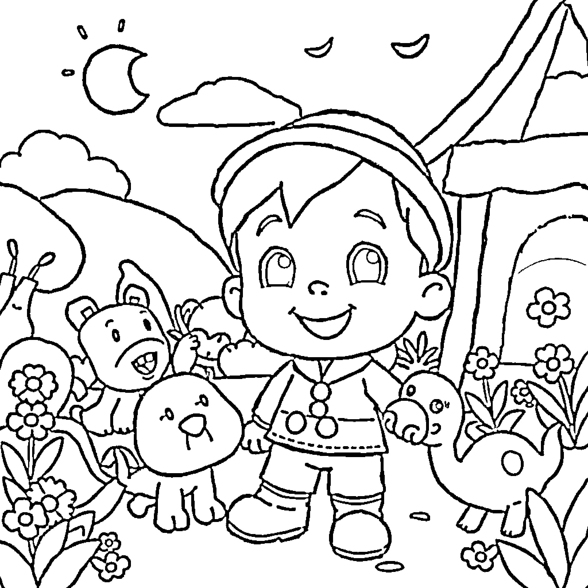 Pocoyo's Playful Adventure in the Countryside Coloring Page (free black-and-white line drawing printable PDF for all, from beginners to advanced learners, including children, teens, adults, and seniors)