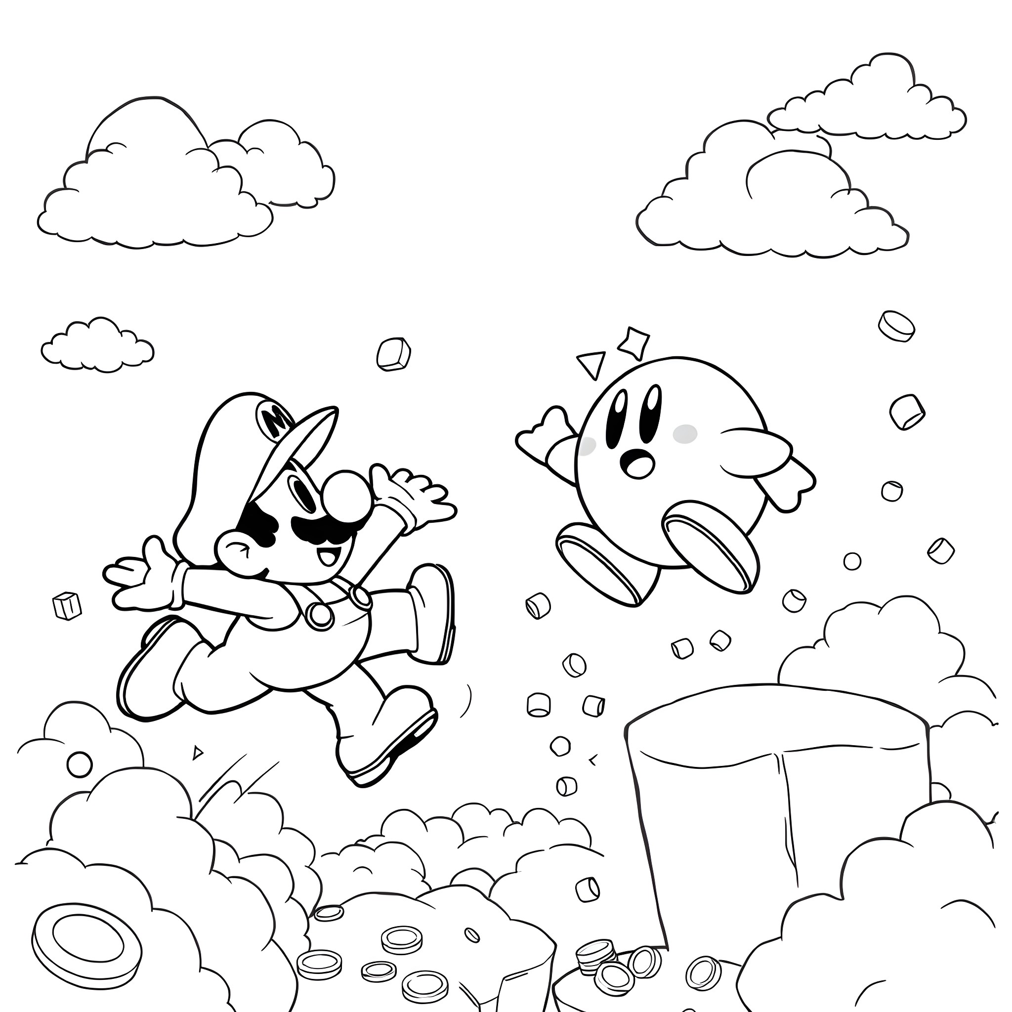 Mario's Playful Adventure in the Clouds Coloring Page (free black-and-white line drawing printable PDF for all, from beginners to advanced learners, including children, teens, adults, and seniors)