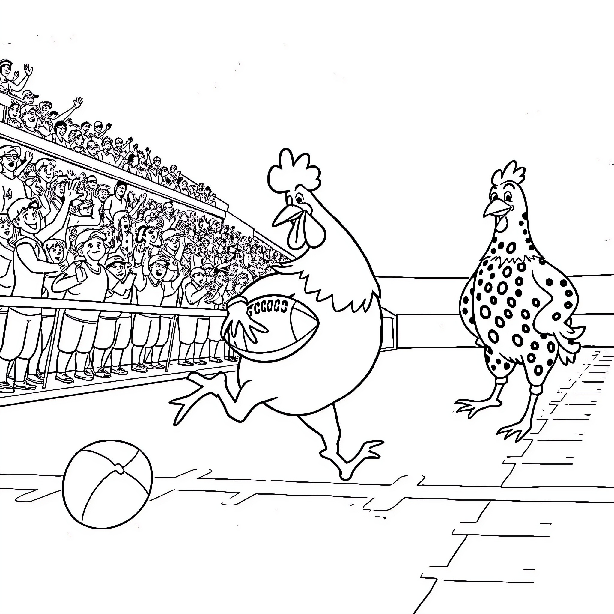 Chicken Racing with Spotted Rooster on Field Coloring Page (free black-and-white line drawing printable PDF for all, from beginners to advanced learners, including children, teens, adults, and seniors)