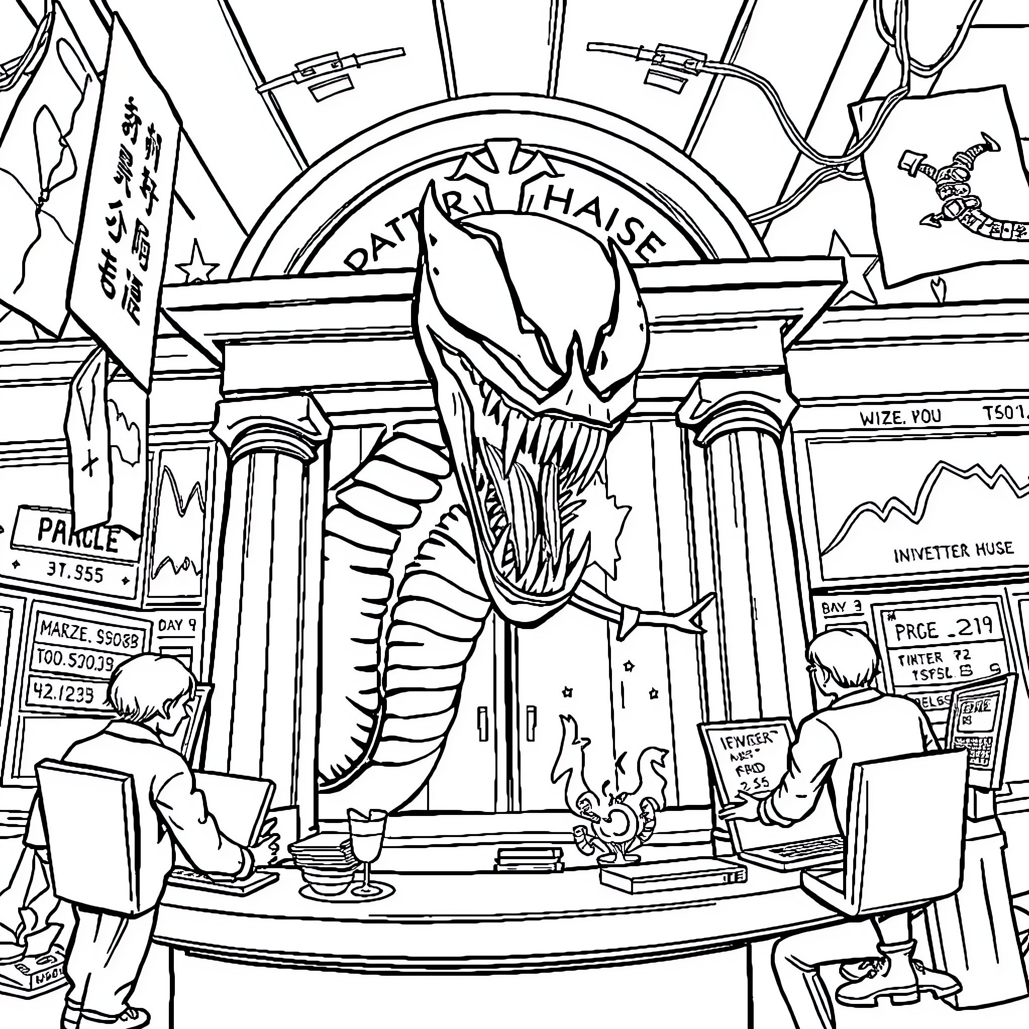 Venom menacing presence in a strange urban setting Coloring Page (free black-and-white line drawing printable PDF for all, from beginners to advanced learners, including children, teens, adults, and seniors)
