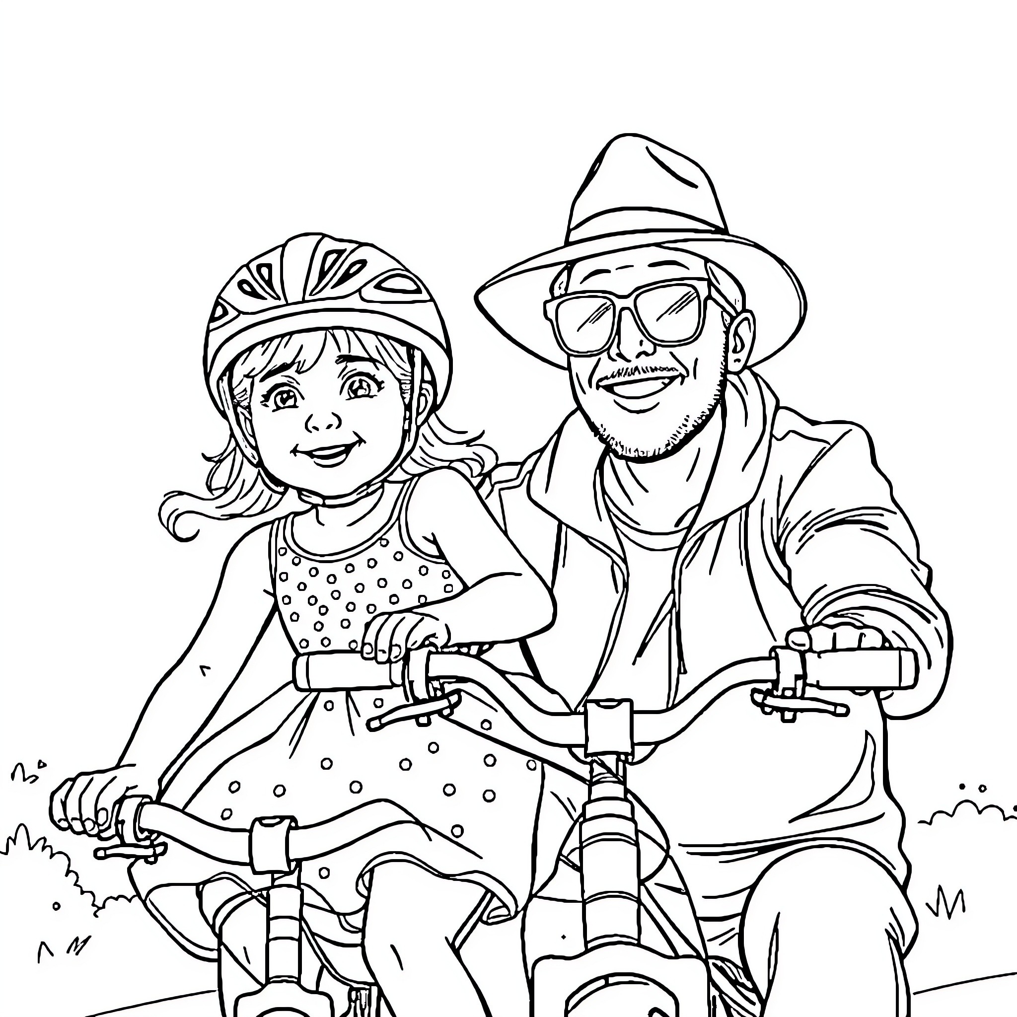 Bike ride with a father and daughter Coloring Page (free black-and-white line drawing printable PDF for all, from beginners to advanced learners, including children, teens, adults, and seniors)