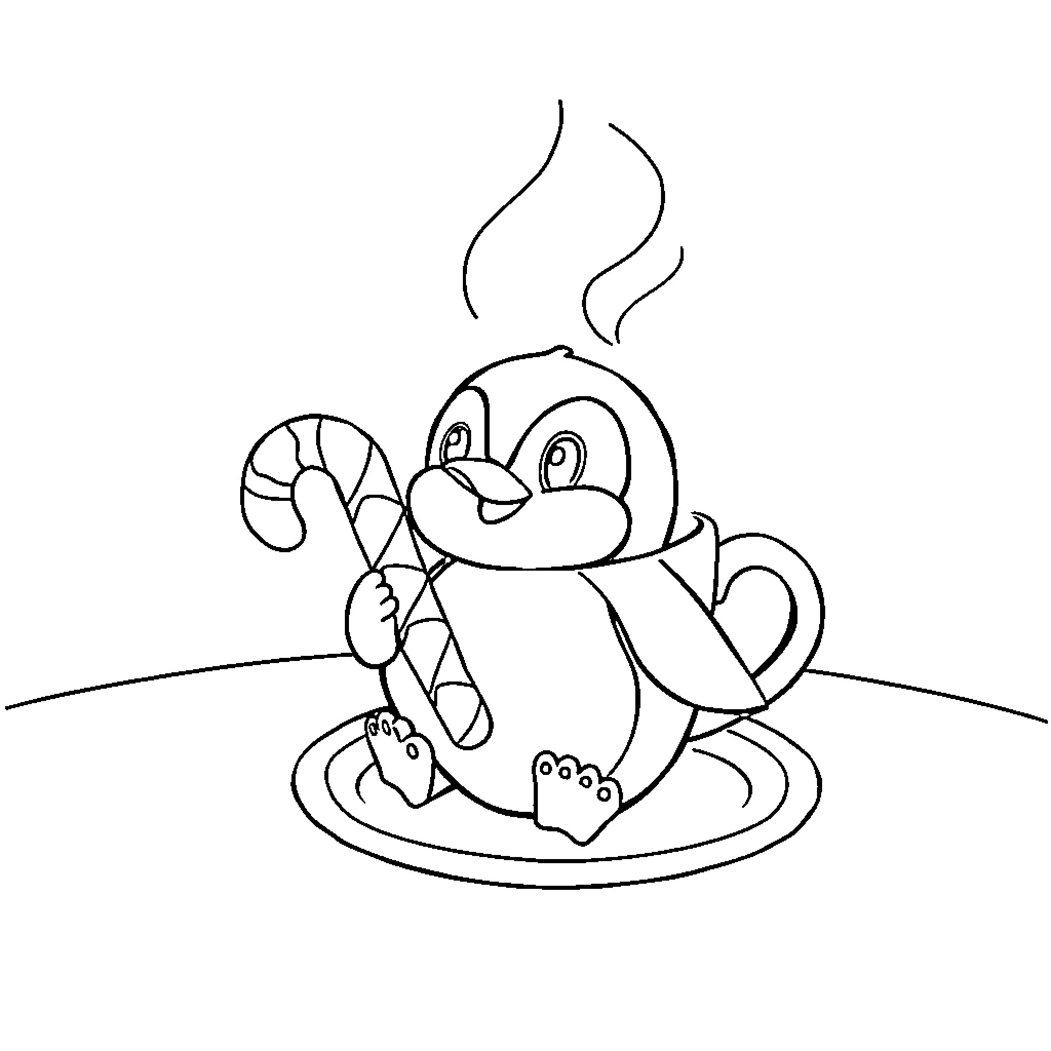 Coffee Cup with Playful Penguin Coloring Page (free black-and-white line drawing printable PDF for all, from beginners to advanced learners, including children, teens, adults, and seniors)