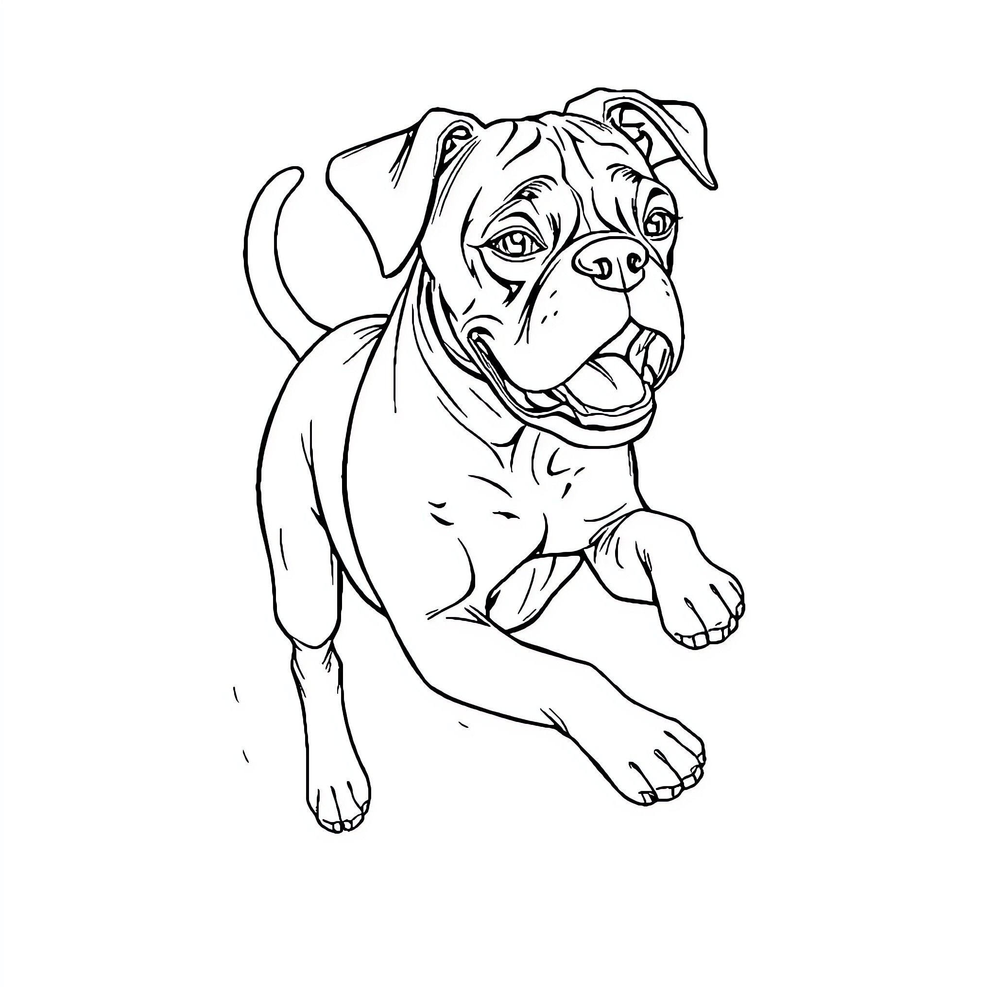 Boxer dog in playful pose Coloring Page (free black-and-white line drawing printable PDF for all, from beginners to advanced learners, including children, teens, adults, and seniors)