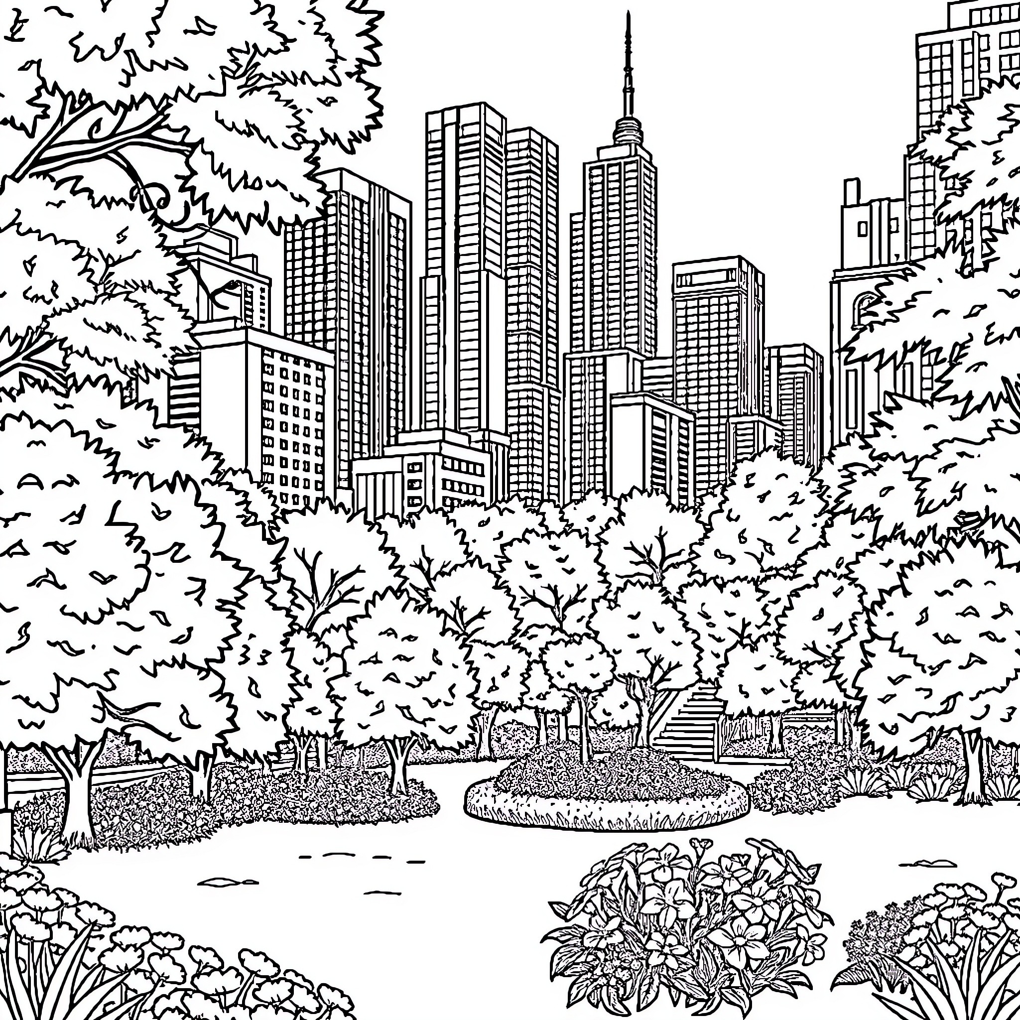 City skyline surrounded by nature Coloring Page (free black-and-white line drawing printable PDF for all, from beginners to advanced learners, including children, teens, adults, and seniors)