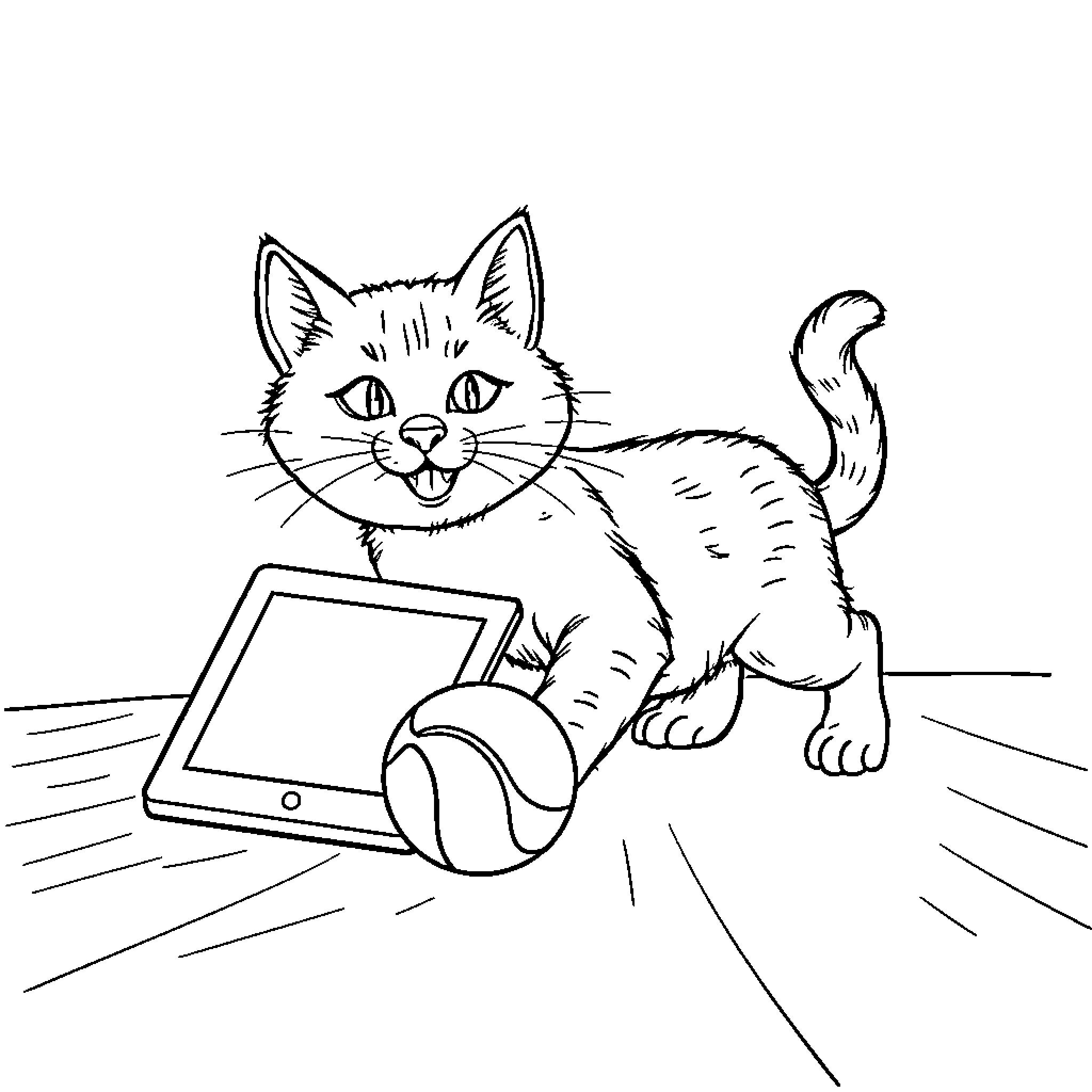 Cat playing with electronic device Coloring Page (free black-and-white line drawing printable PDF for all, from beginners to advanced learners, including children, teens, adults, and seniors)