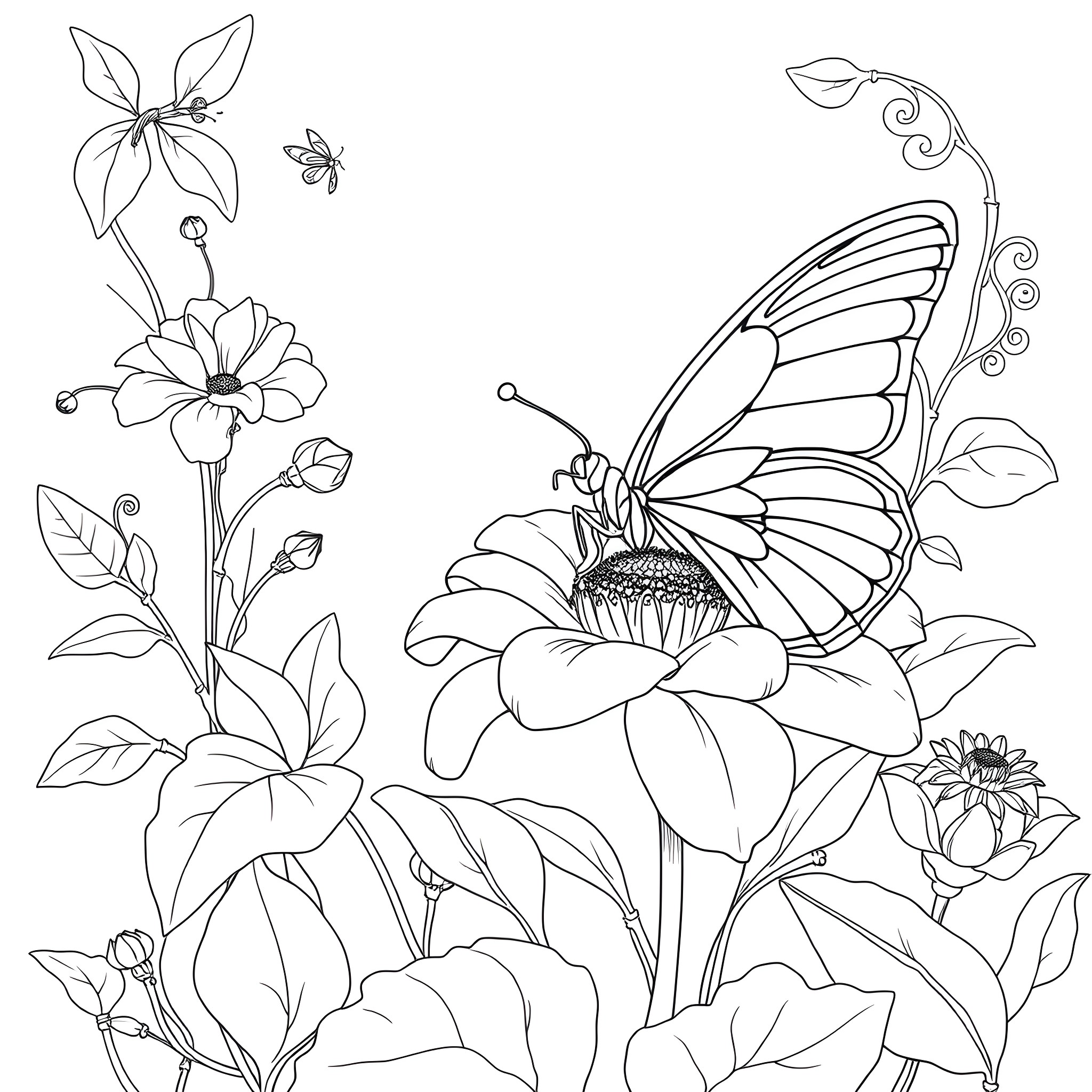 Butter Blooming Butterflies Among Flowers Coloring Page (free black-and-white line drawing printable PDF for all, from beginners to advanced learners, including children, teens, adults, and seniors)