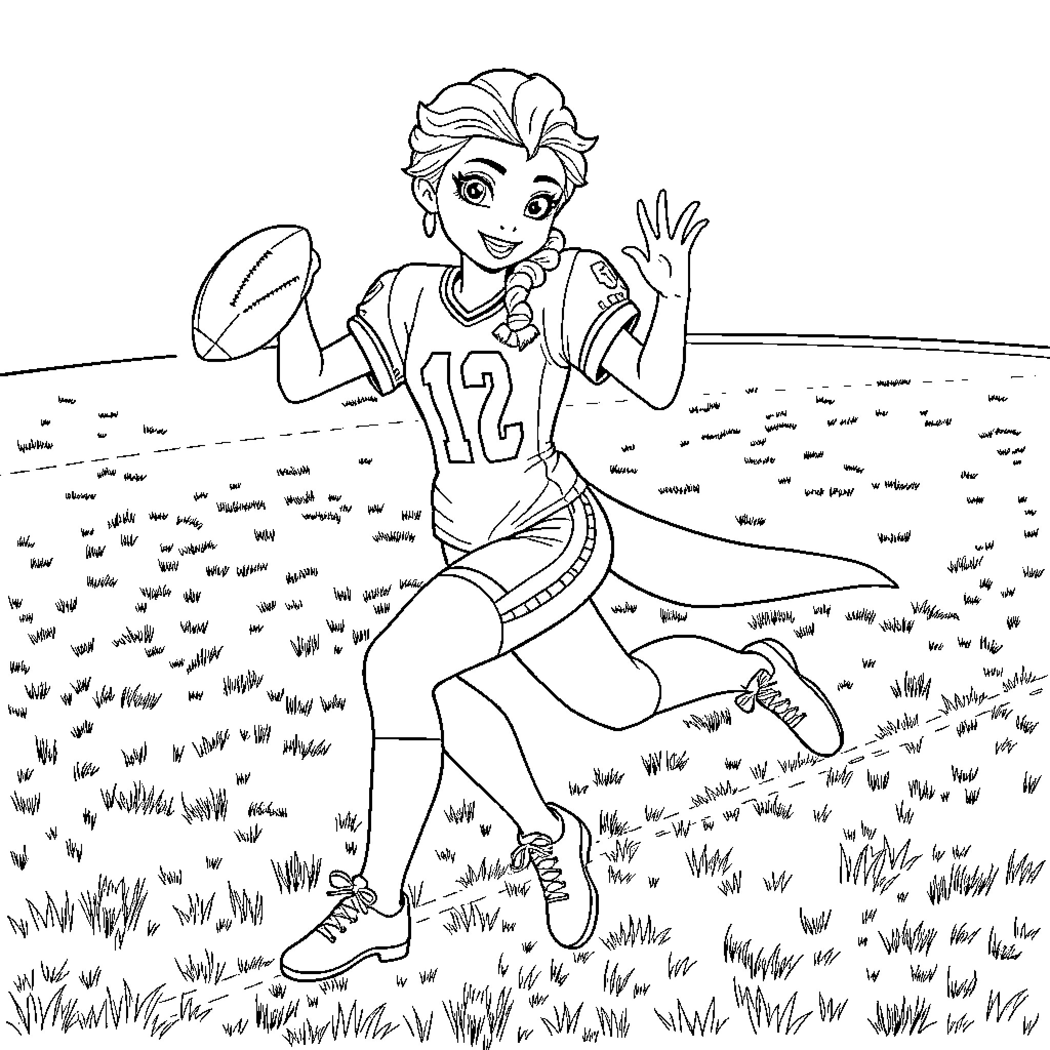 Elsa playing football joyfully in a meadow Coloring Page (free black-and-white line drawing printable PDF for all, from beginners to advanced learners, including children, teens, adults, and seniors)