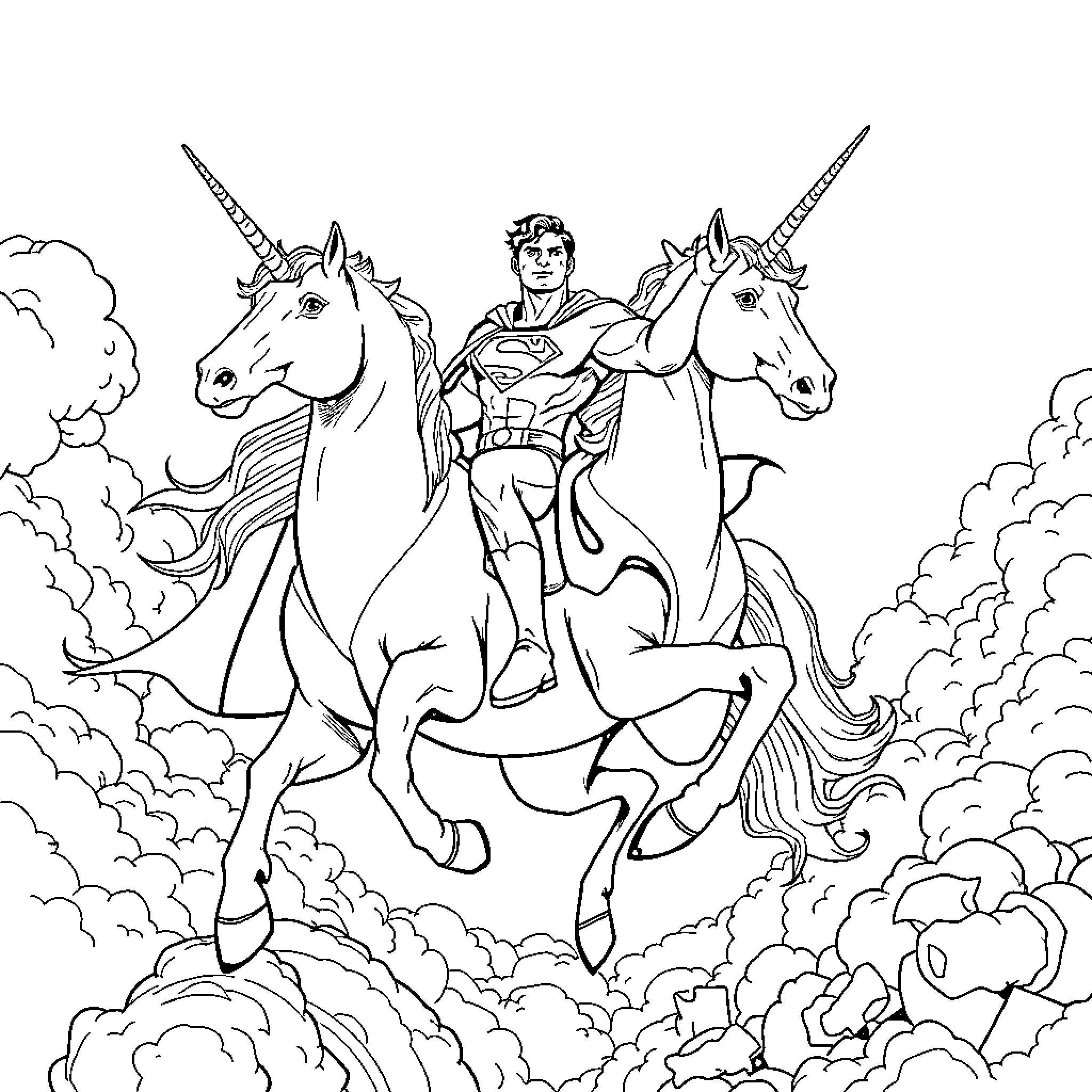 Superman riding majestic unicorns through the clouds Coloring Page (free black-and-white line drawing printable PDF for all, from beginners to advanced learners, including children, teens, adults, and seniors)