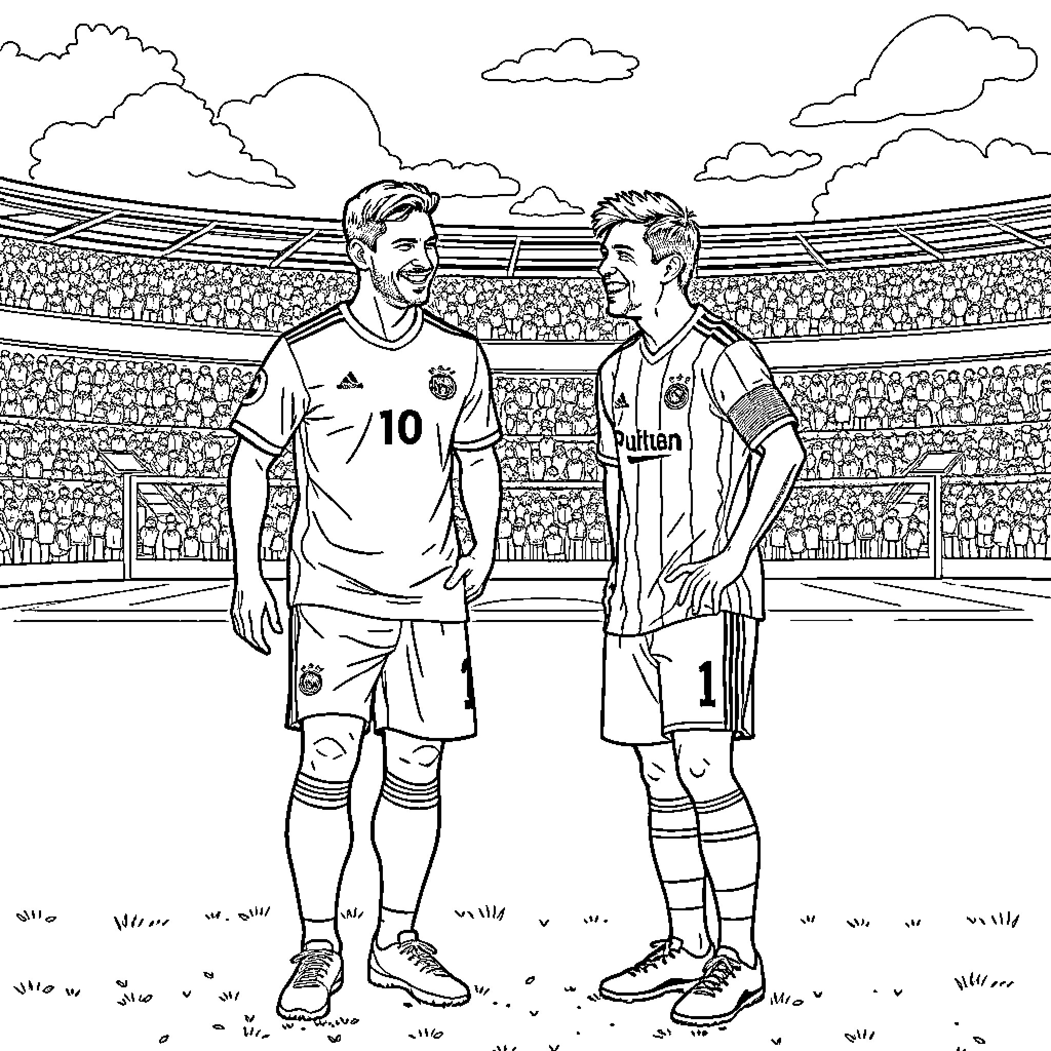 Ronaldo and another player on the soccer field Coloring Page (free black-and-white line drawing printable PDF for all, from beginners to advanced learners, including children, teens, adults, and seniors)