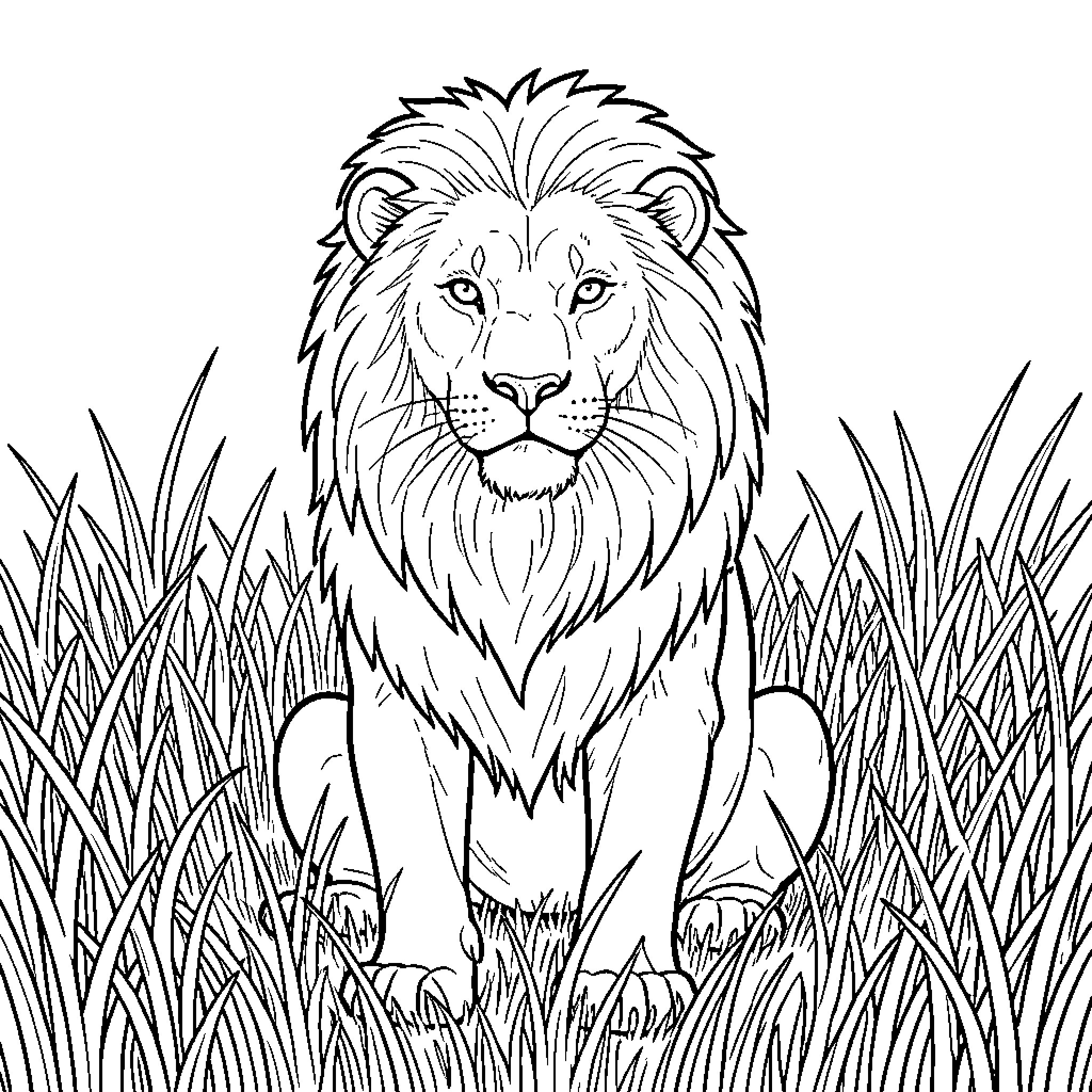 Lion sitting calmly in tall grass Coloring Page (free black-and-white line drawing printable PDF for all, from beginners to advanced learners, including children, teens, adults, and seniors)