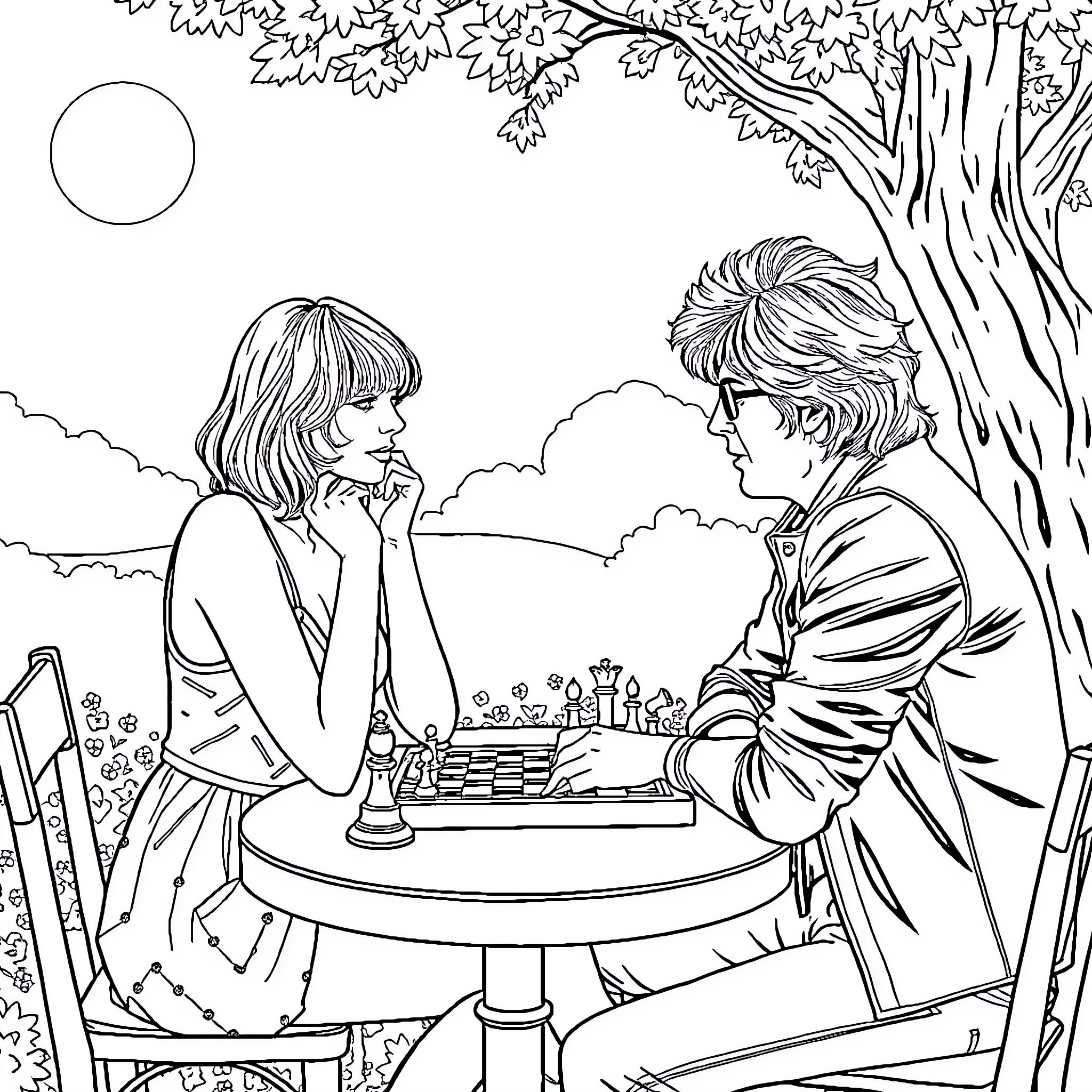 Taylor Swift playing chess with a romantic partner outdoors Coloring Page (free black-and-white line drawing printable PDF for all, from beginners to advanced learners, including children, teens, adults, and seniors)