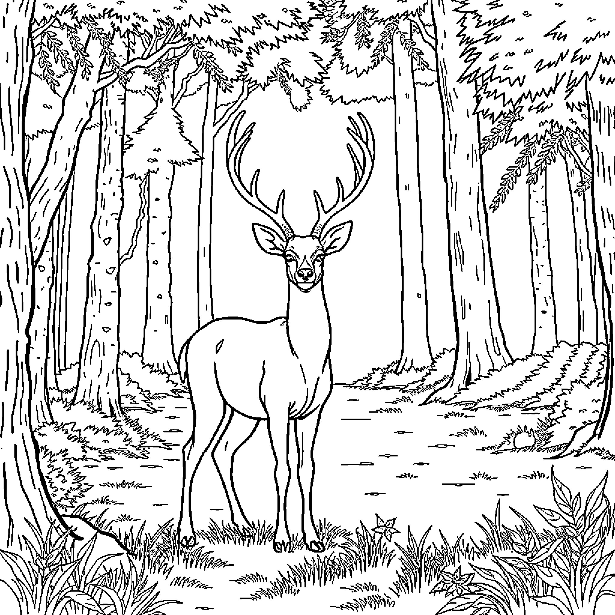 Deer standing in the serene forest Coloring Page (free black-and-white line drawing printable PDF for all, from beginners to advanced learners, including children, teens, adults, and seniors)