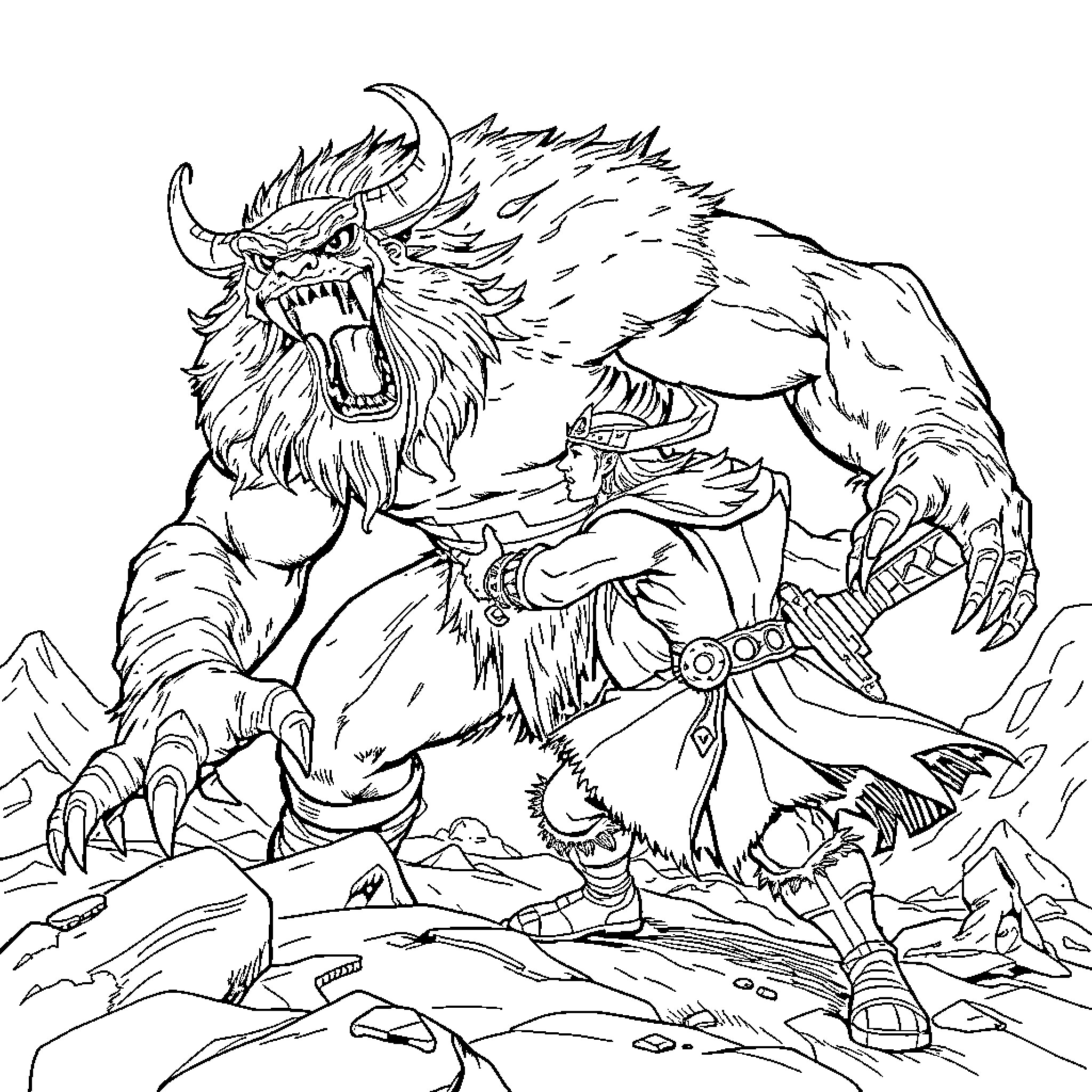 Norse God of Winter's Fury Unleashed Coloring Page (free black-and-white line drawing printable PDF for all, from beginners to advanced learners, including children, teens, adults, and seniors)