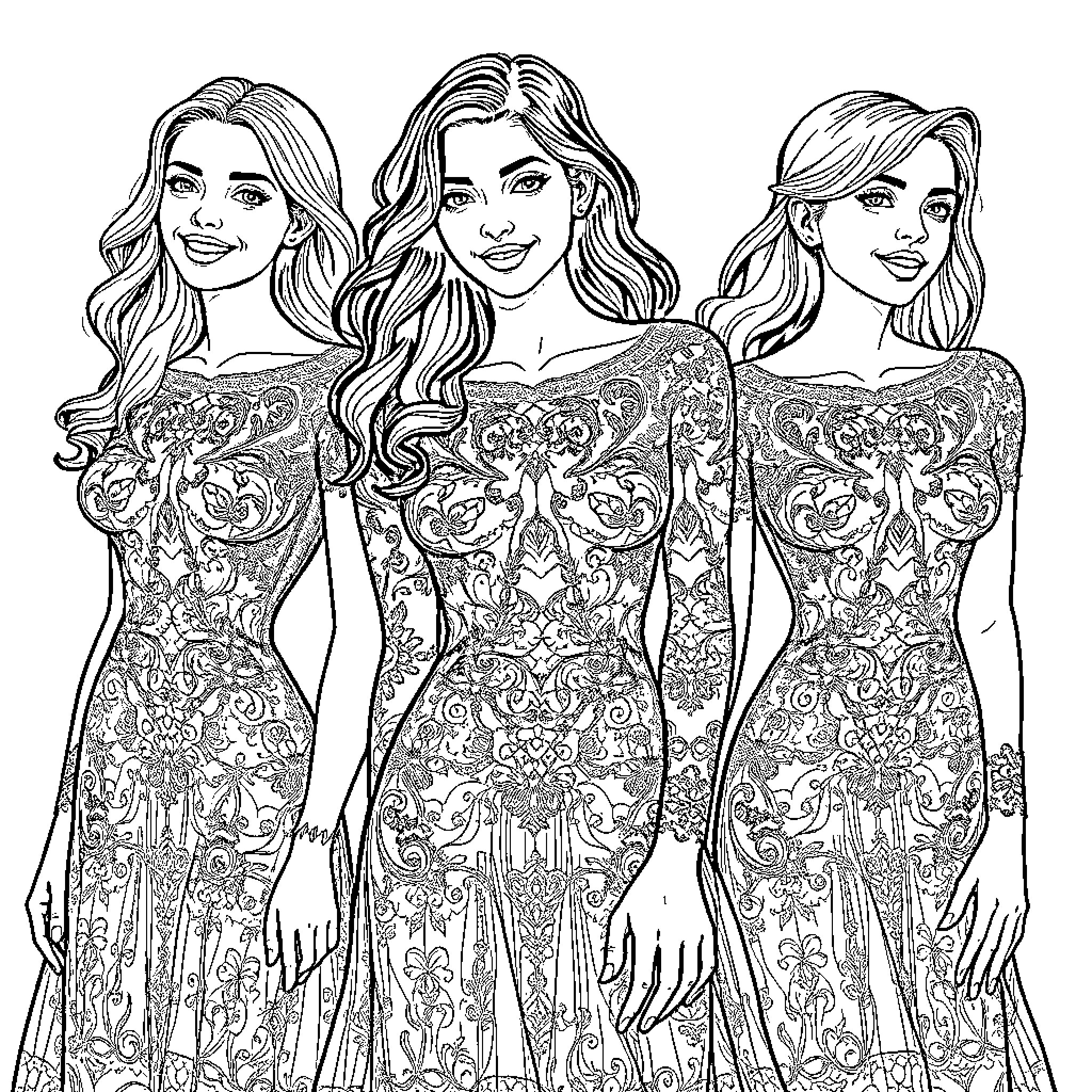 Women in elegant floral gowns posing together Coloring Page (free black-and-white line drawing printable PDF for all, from beginners to advanced learners, including children, teens, adults, and seniors)