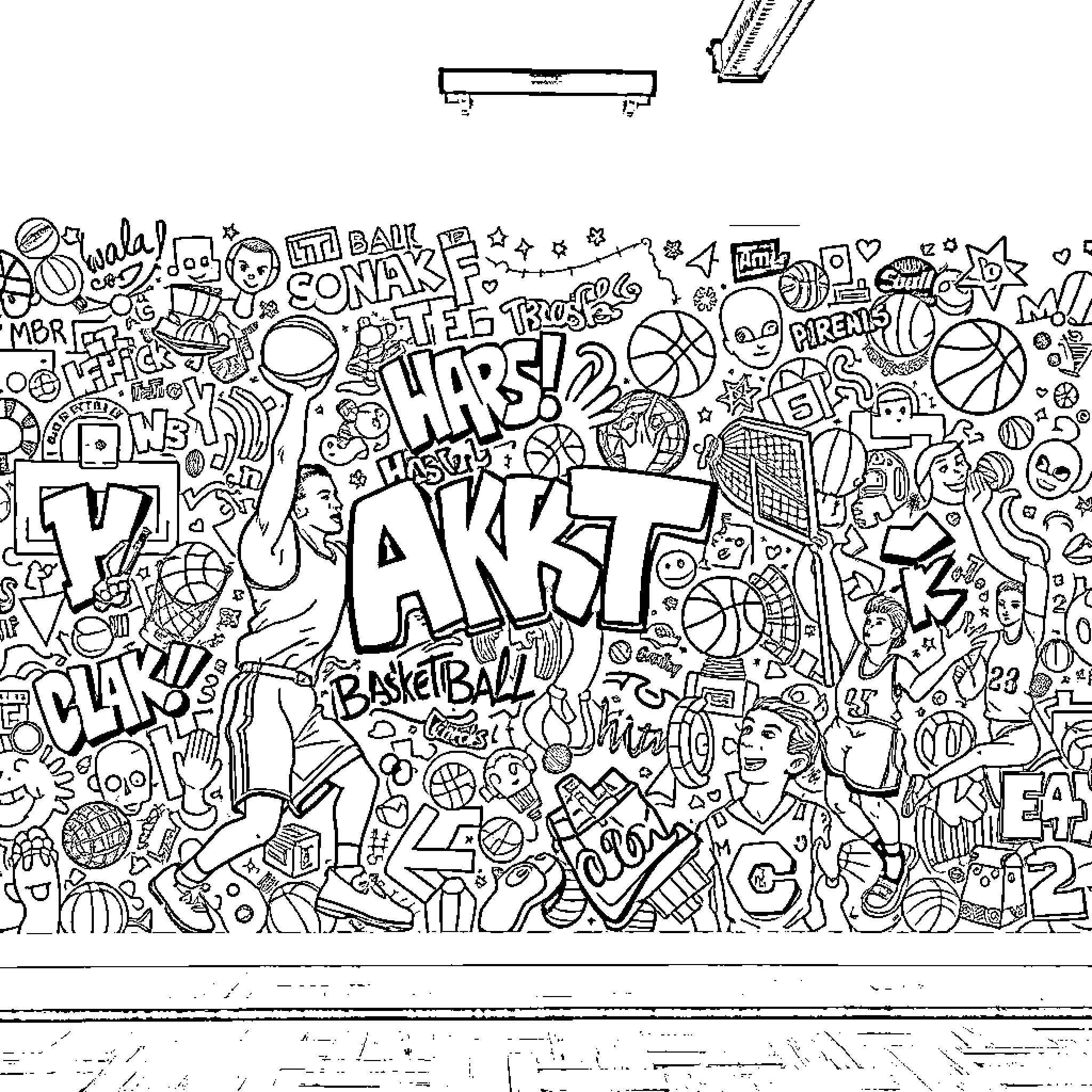 Basketball-themed doodle with sports equipment and playful symbols Coloring Page (free black-and-white line drawing printable PDF for all, from beginners to advanced learners, including children, teens, adults, and seniors)