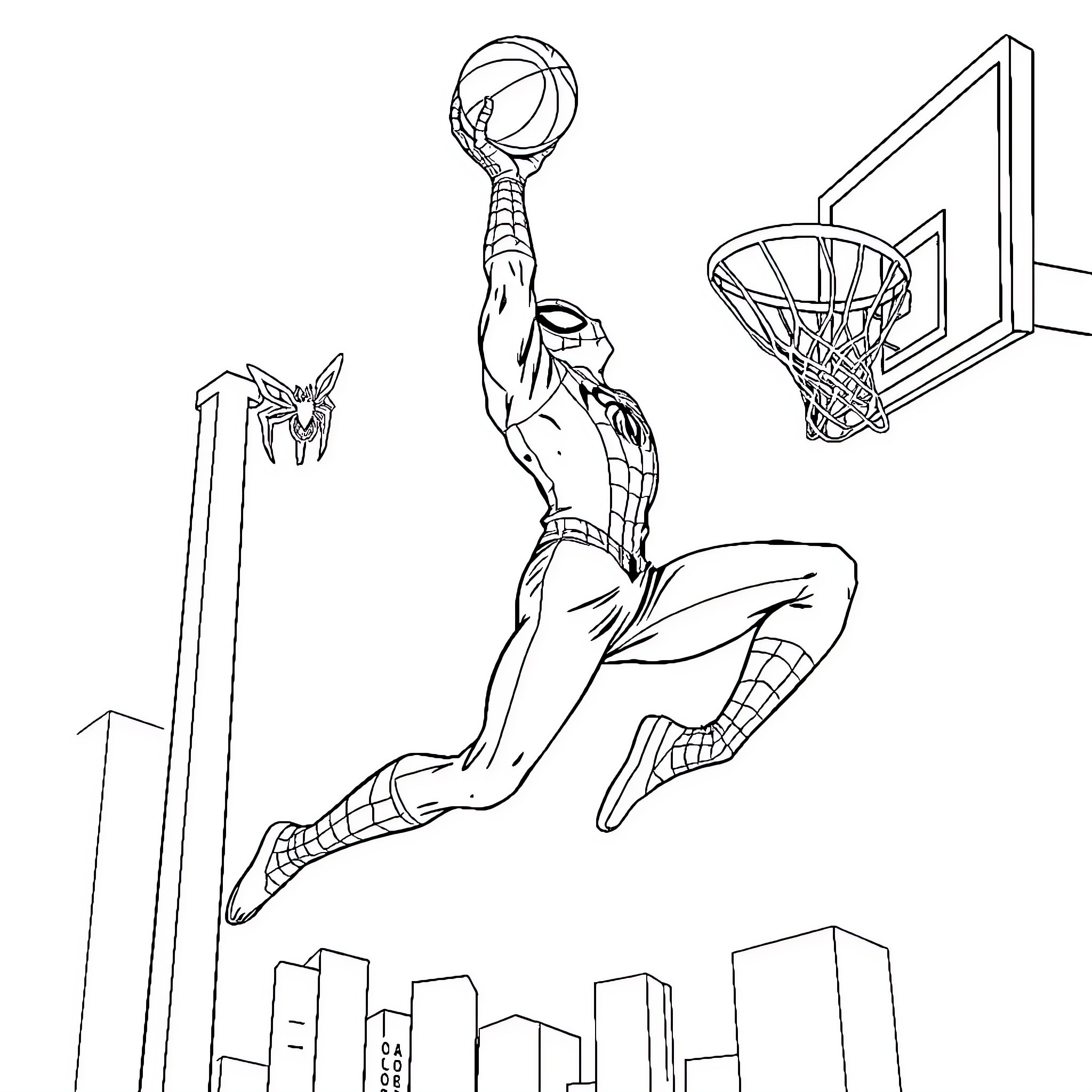Spider-Man soaring through the city skyline Coloring Page (free black-and-white line drawing printable PDF for all, from beginners to advanced learners, including children, teens, adults, and seniors)