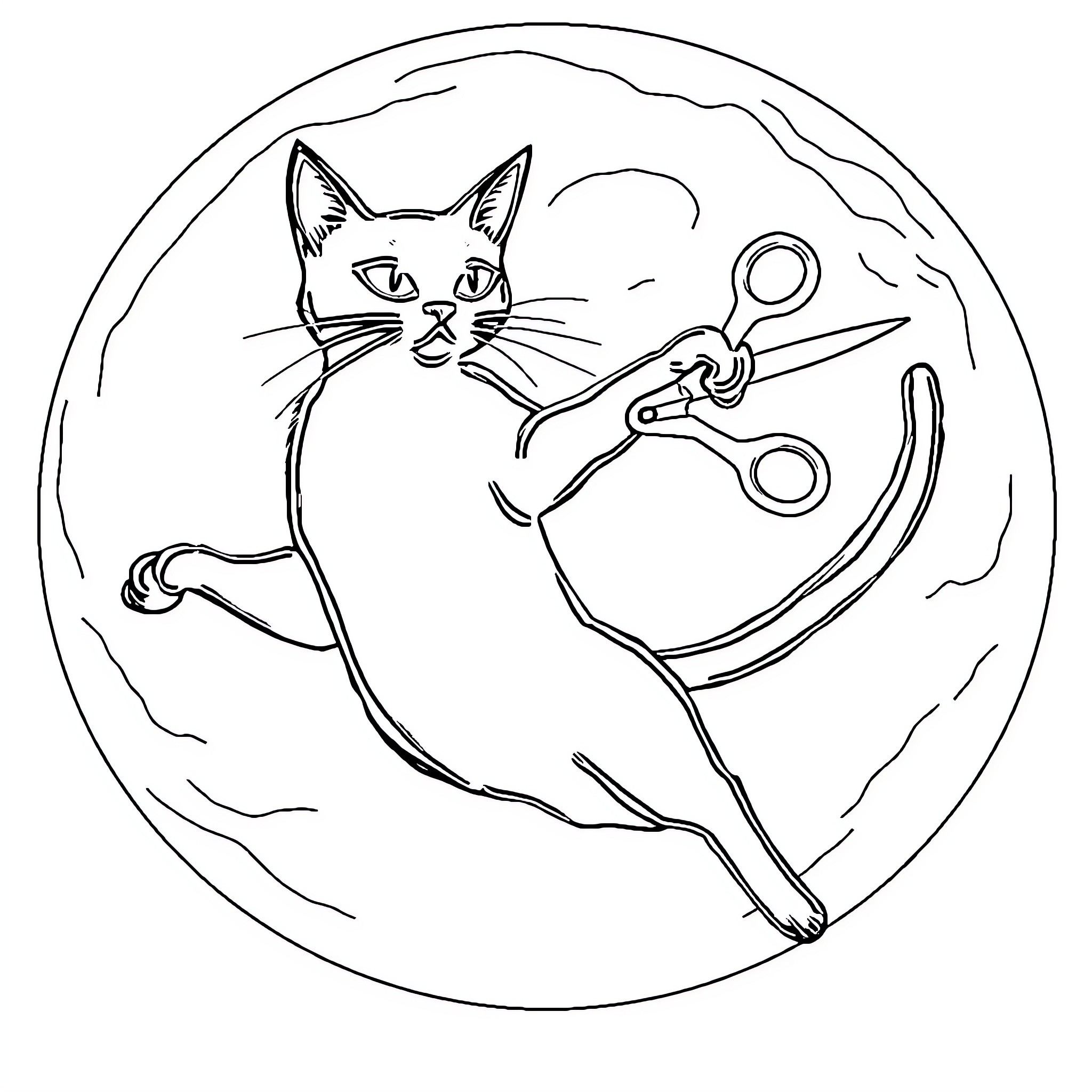 Cat with Scissors in Moon Circle Coloring Page (free black-and-white line drawing printable PDF for all, from beginners to advanced learners, including children, teens, adults, and seniors)