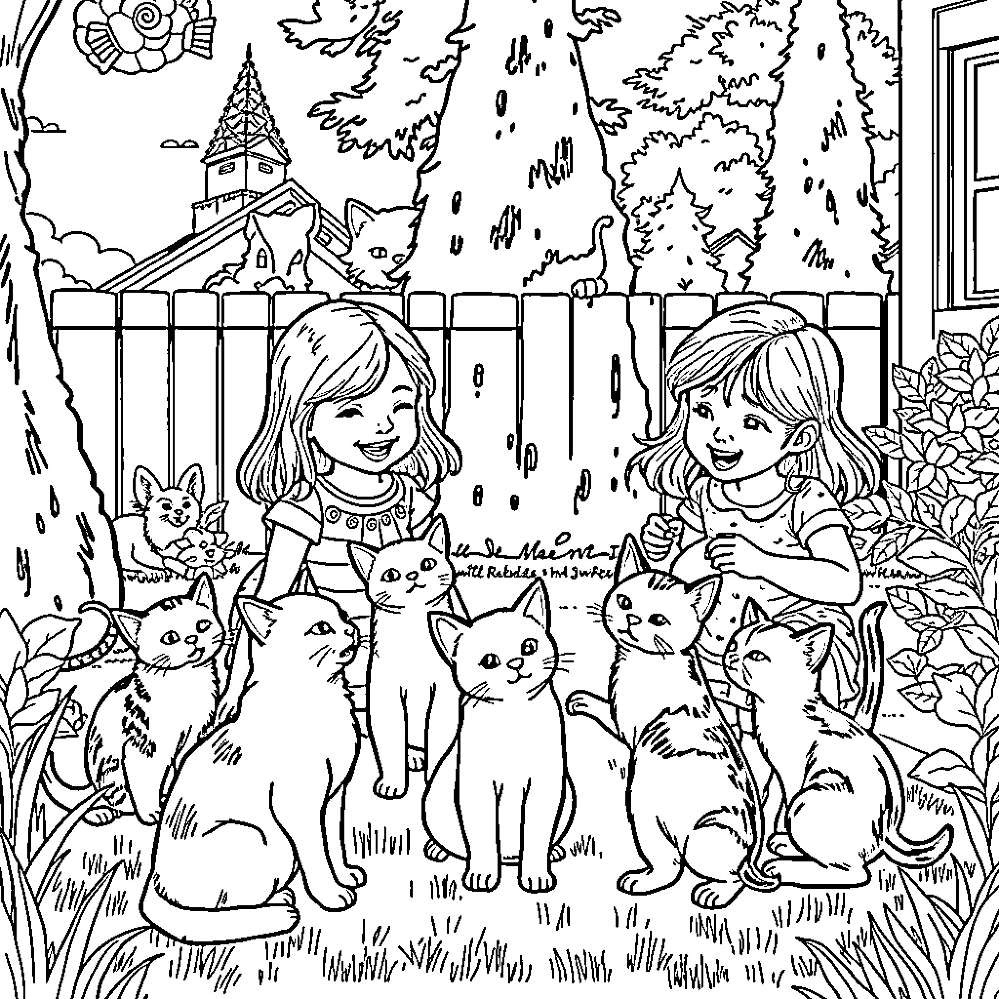 Girls playing with cats in the garden Coloring Page (free black-and-white line drawing printable PDF for all, from beginners to advanced learners, including children, teens, adults, and seniors)