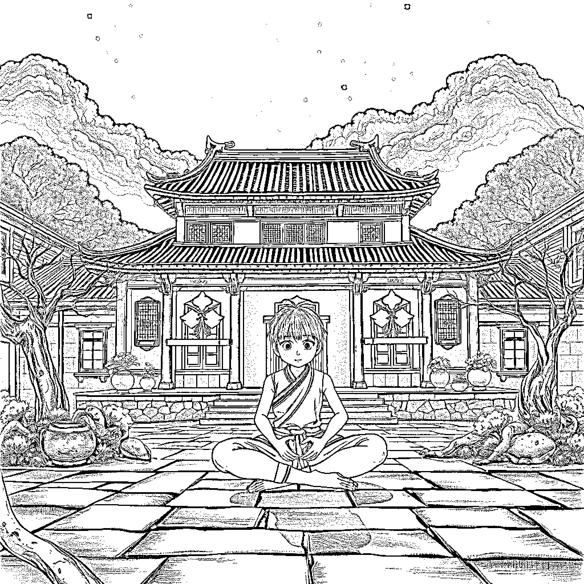Boy meditating peacefully in traditional Japanese garden Coloring Page (free black-and-white line drawing printable PDF for all, from beginners to advanced learners, including children, teens, adults, and seniors)