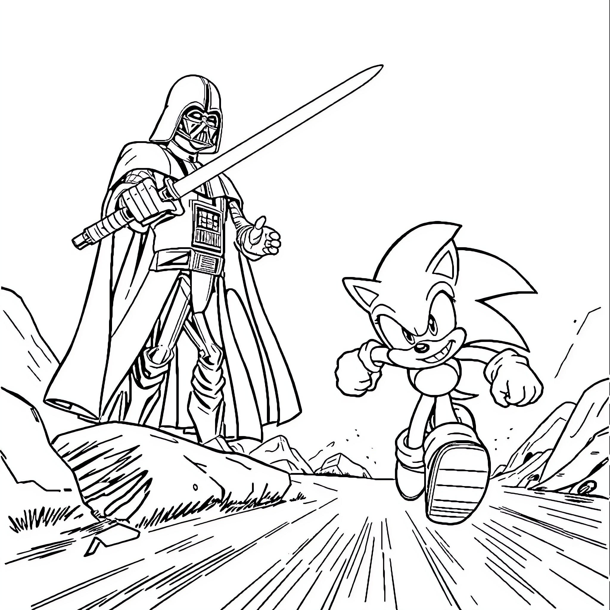Sonic vs. Darth Vader in epic battle Coloring Page (free black-and-white line drawing printable PDF for all, from beginners to advanced learners, including children, teens, adults, and seniors)