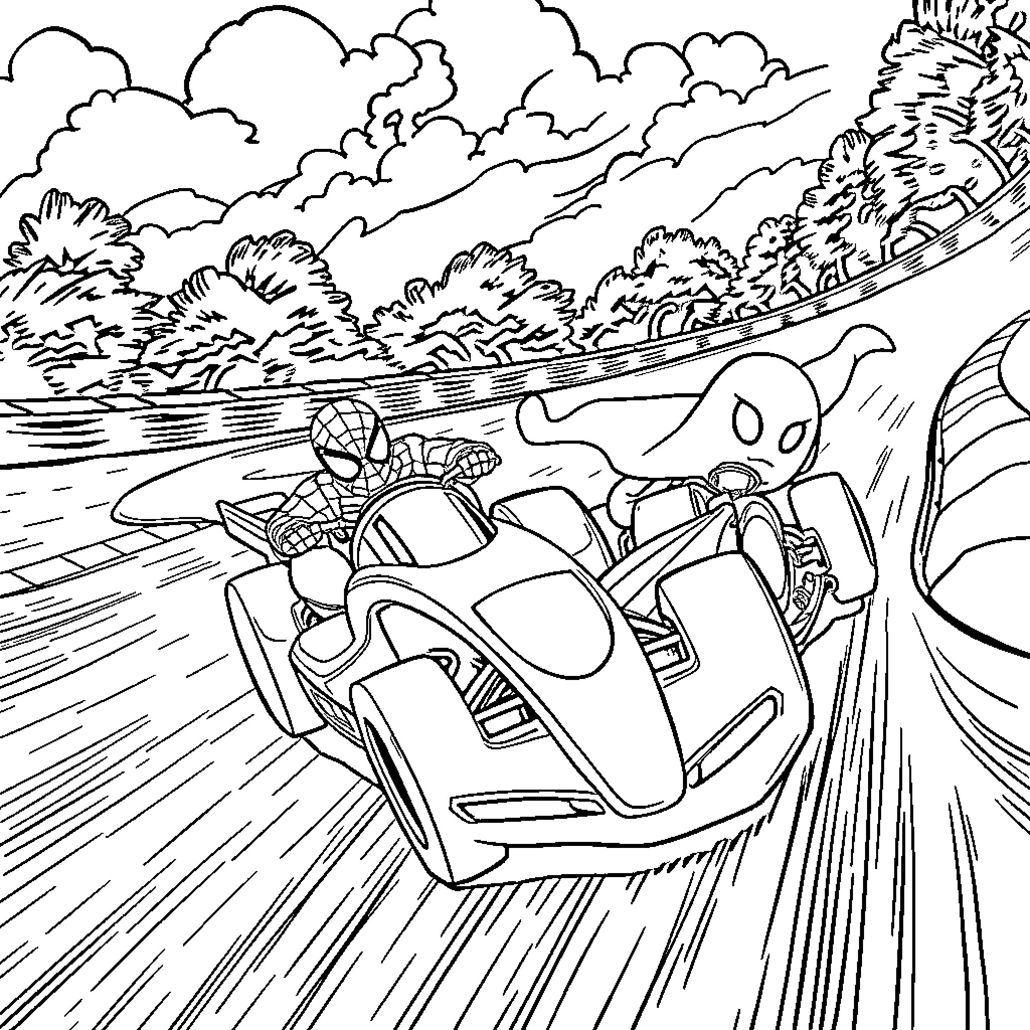 Spidey's thrilling race in the countryside Coloring Page (free black-and-white line drawing printable PDF for all, from beginners to advanced learners, including children, teens, adults, and seniors)