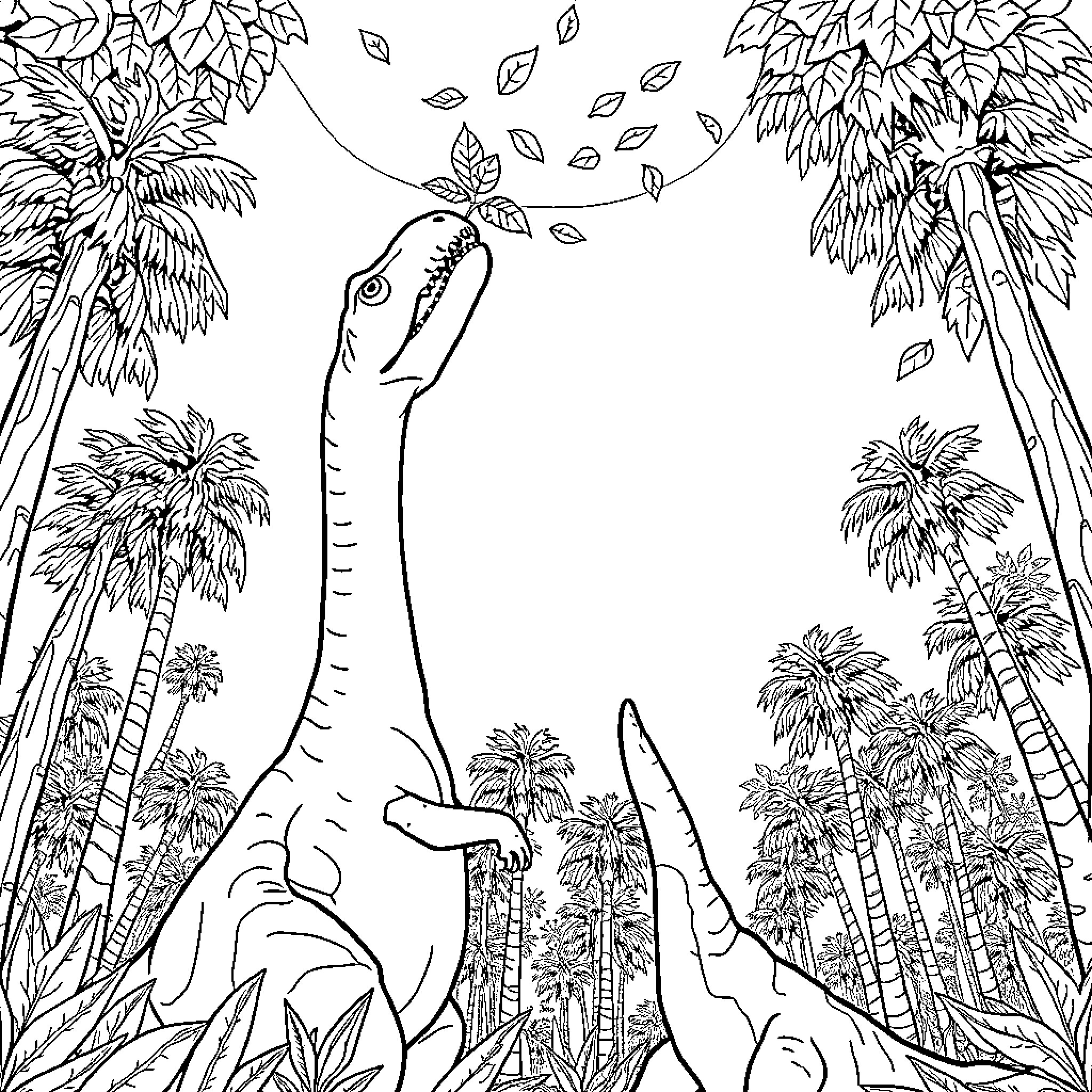 Dinosaur roaming in prehistoric forest landscape Coloring Page (free black-and-white line drawing printable PDF for all, from beginners to advanced learners, including children, teens, adults, and seniors)