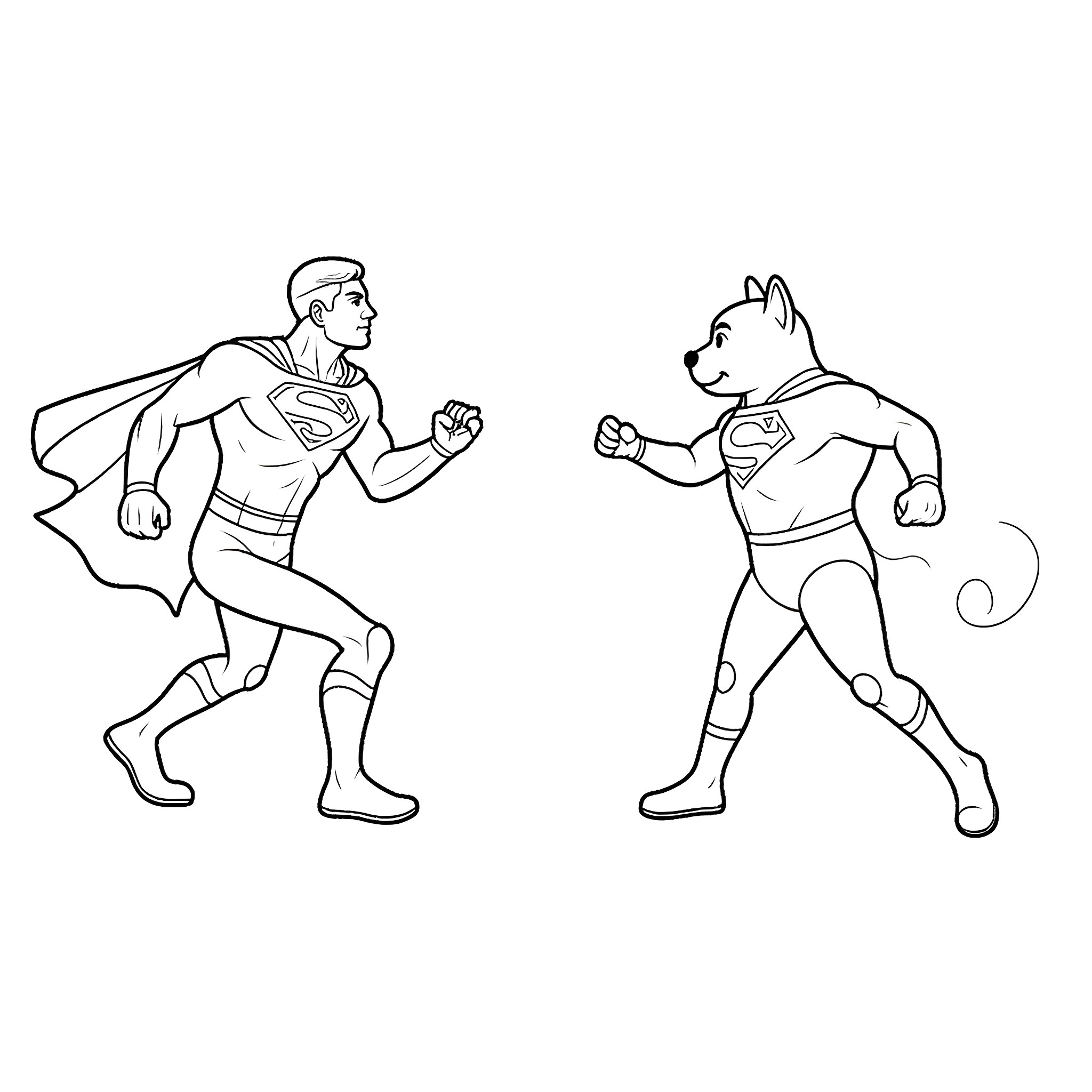 Superman battling against an anthropomorphic canine hero Coloring Page (free black-and-white line drawing printable PDF for all, from beginners to advanced learners, including children, teens, adults, and seniors)