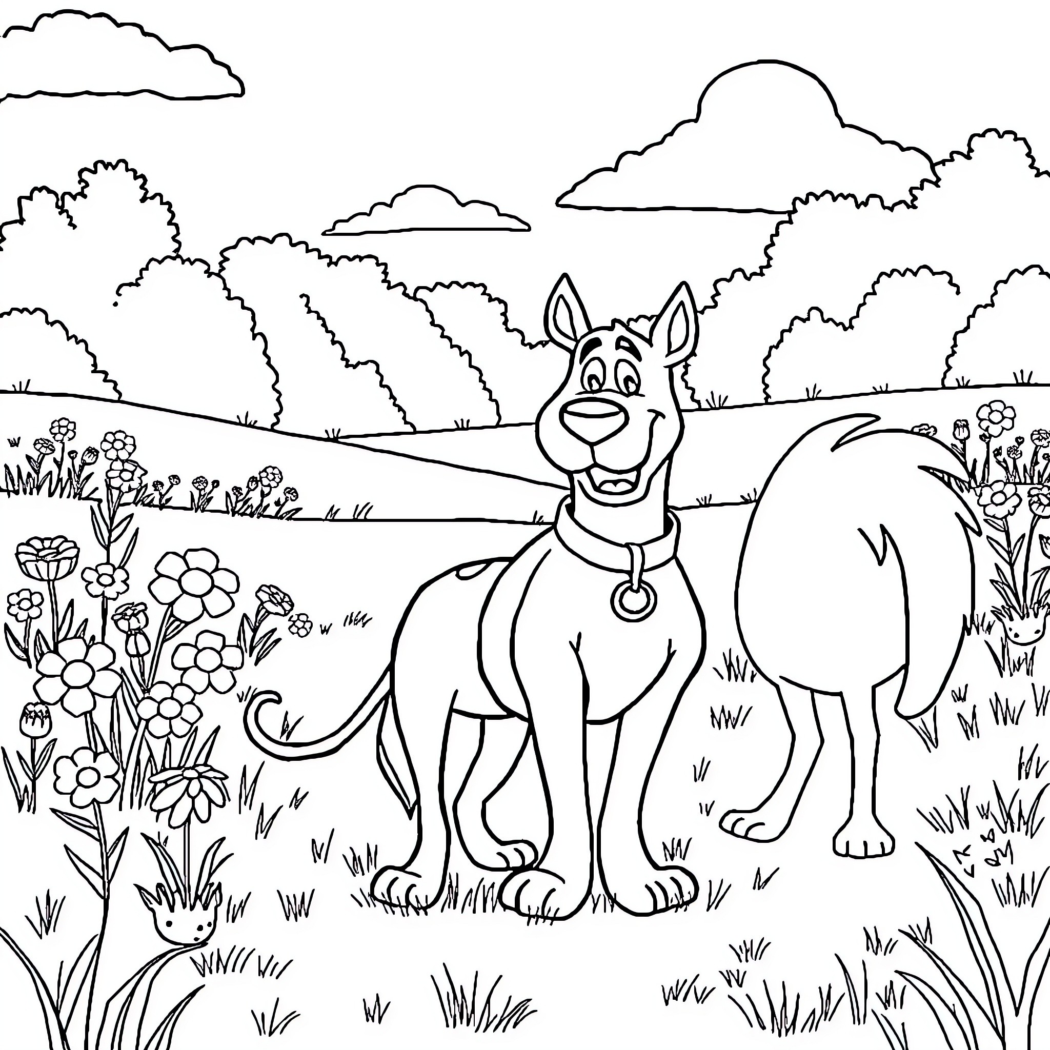 Scooby Doo exploring a vibrant outdoor scene Coloring Page (free black-and-white line drawing printable PDF for all, from beginners to advanced learners, including children, teens, adults, and seniors)