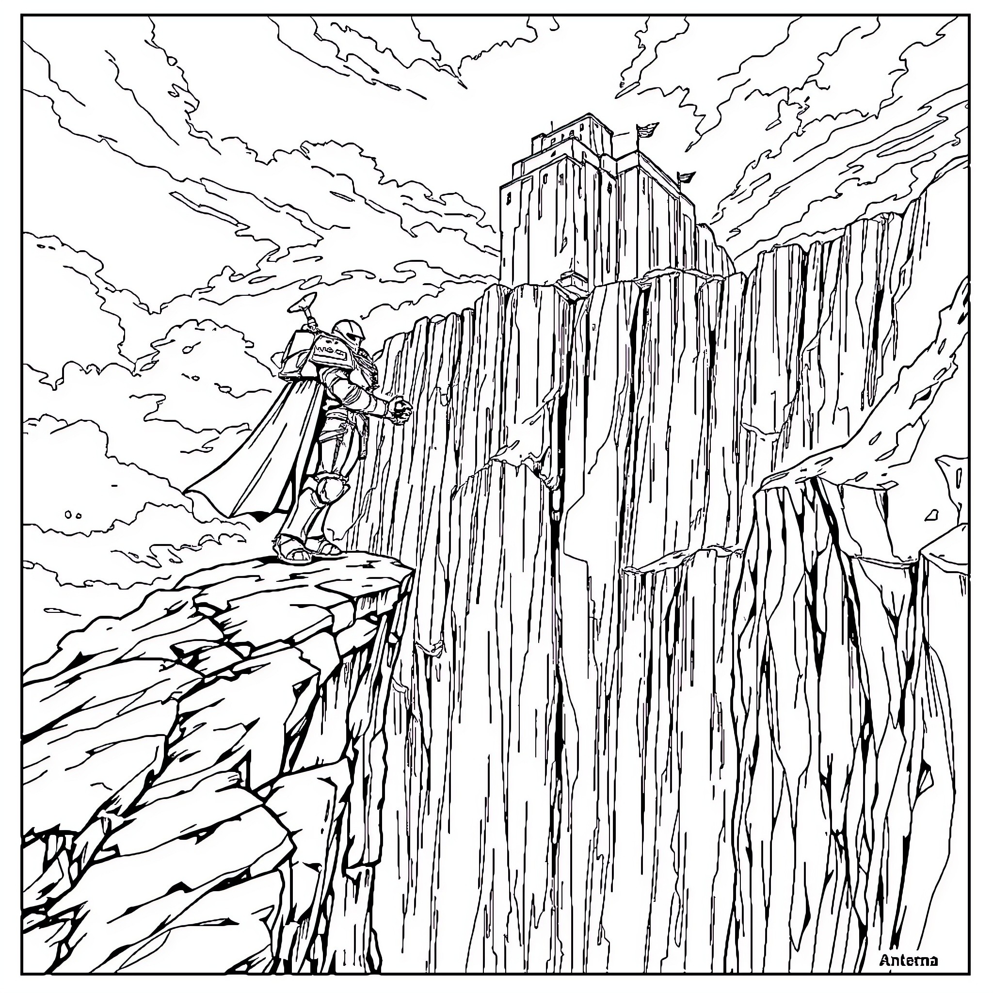 Dante's Courageous Climb to the Heavenly Citadel Coloring Page (free black-and-white line drawing printable PDF for all, from beginners to advanced learners, including children, teens, adults, and seniors)