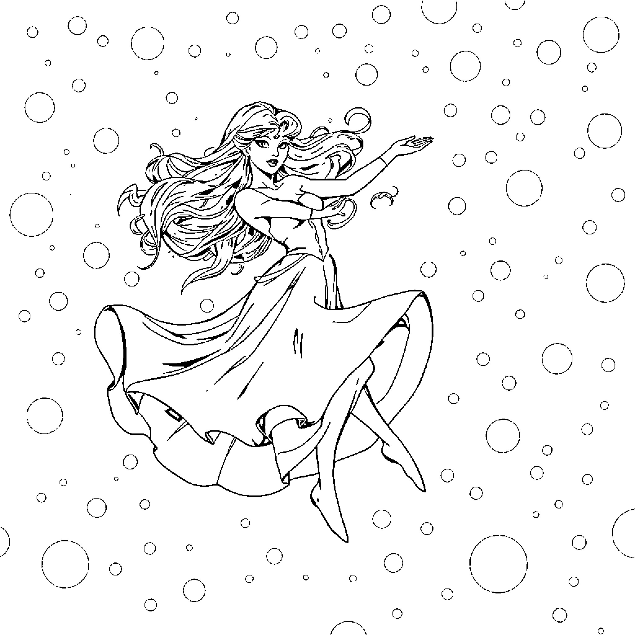 Poison Ivy dancing gracefully among the bubbles Coloring Page (free black-and-white line drawing printable PDF for all, from beginners to advanced learners, including children, teens, adults, and seniors)