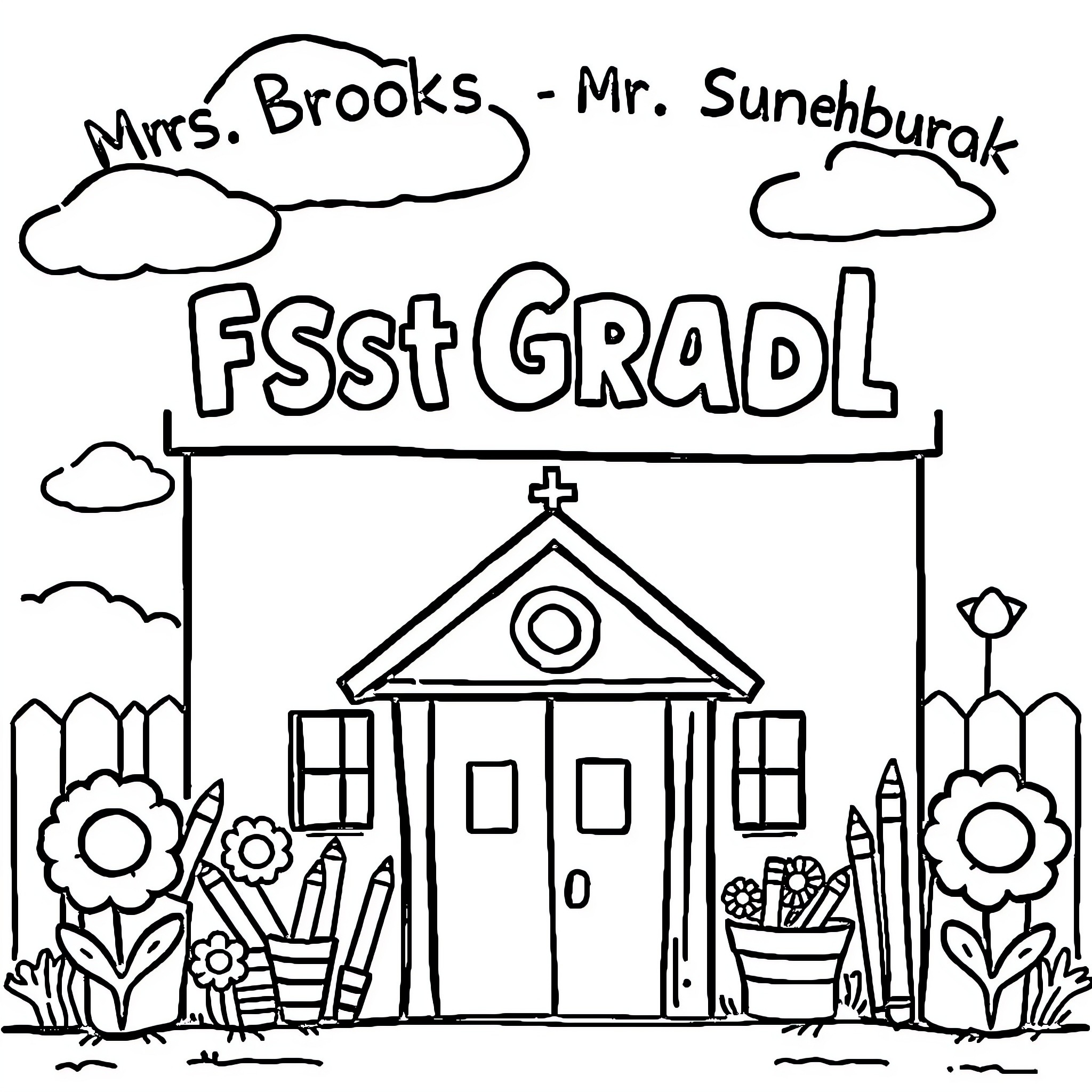 Worksheet Depicting School Building with Educators Coloring Page (free black-and-white line drawing printable PDF for all, from beginners to advanced learners, including children, teens, adults, and seniors)
