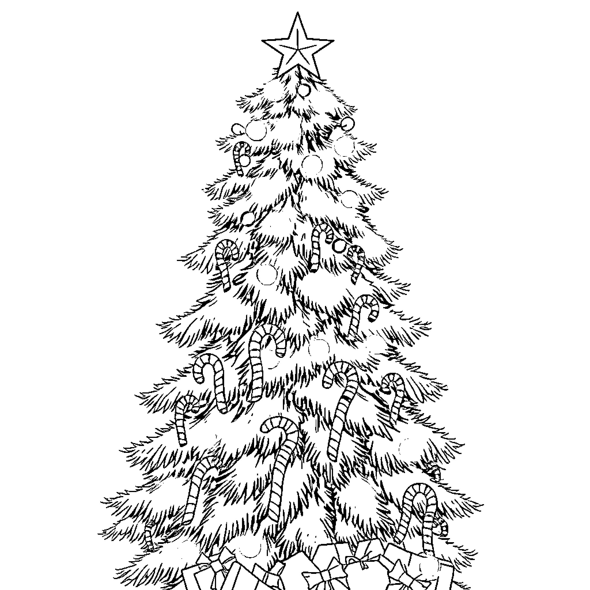 Christmas Tree with Decorative Ornaments Coloring Page (free black-and-white line drawing printable PDF for all, from beginners to advanced learners, including children, teens, adults, and seniors)