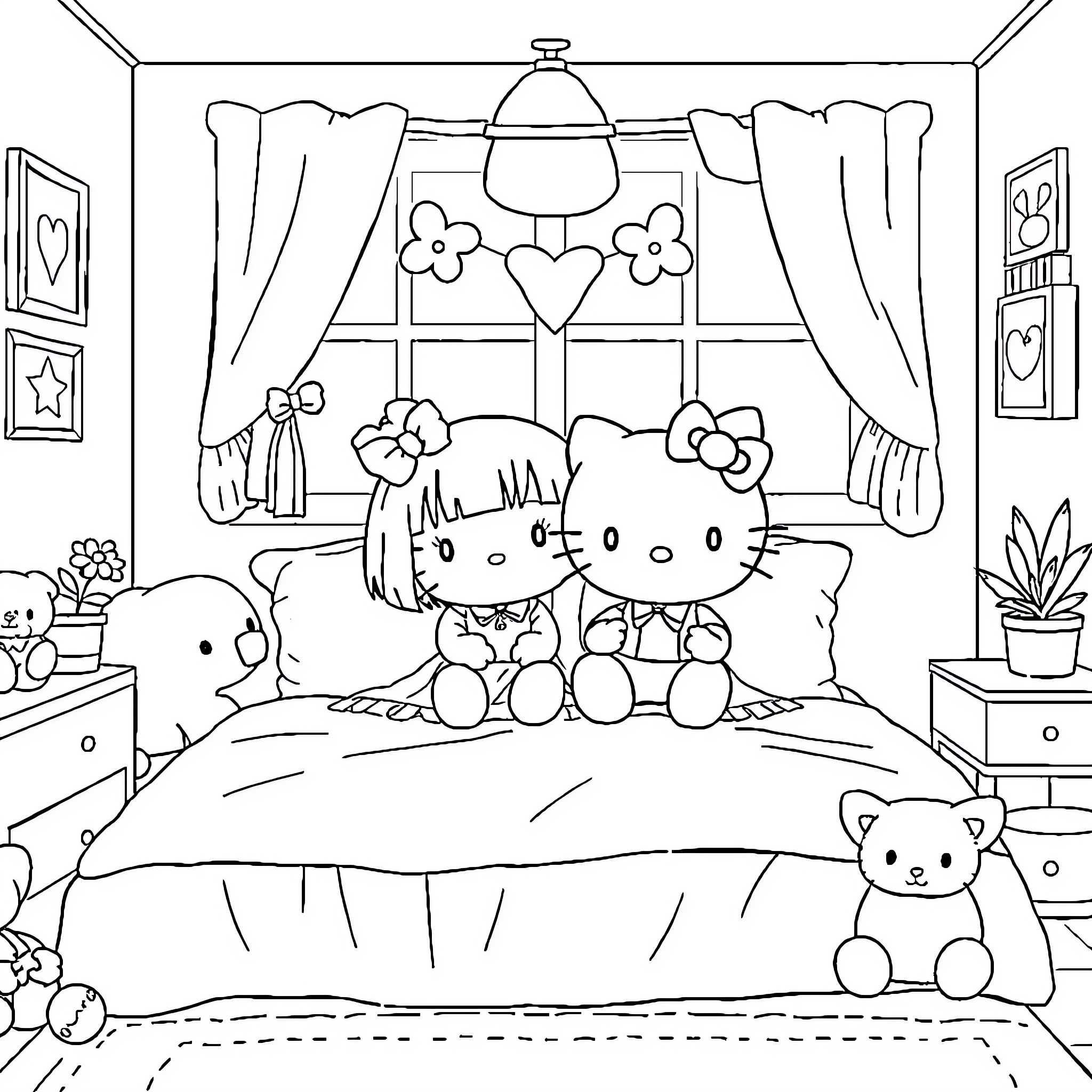 Kuromi enjoying a cozy bedroom scene with friends Coloring Page (free black-and-white line drawing printable PDF for all, from beginners to advanced learners, including children, teens, adults, and seniors)