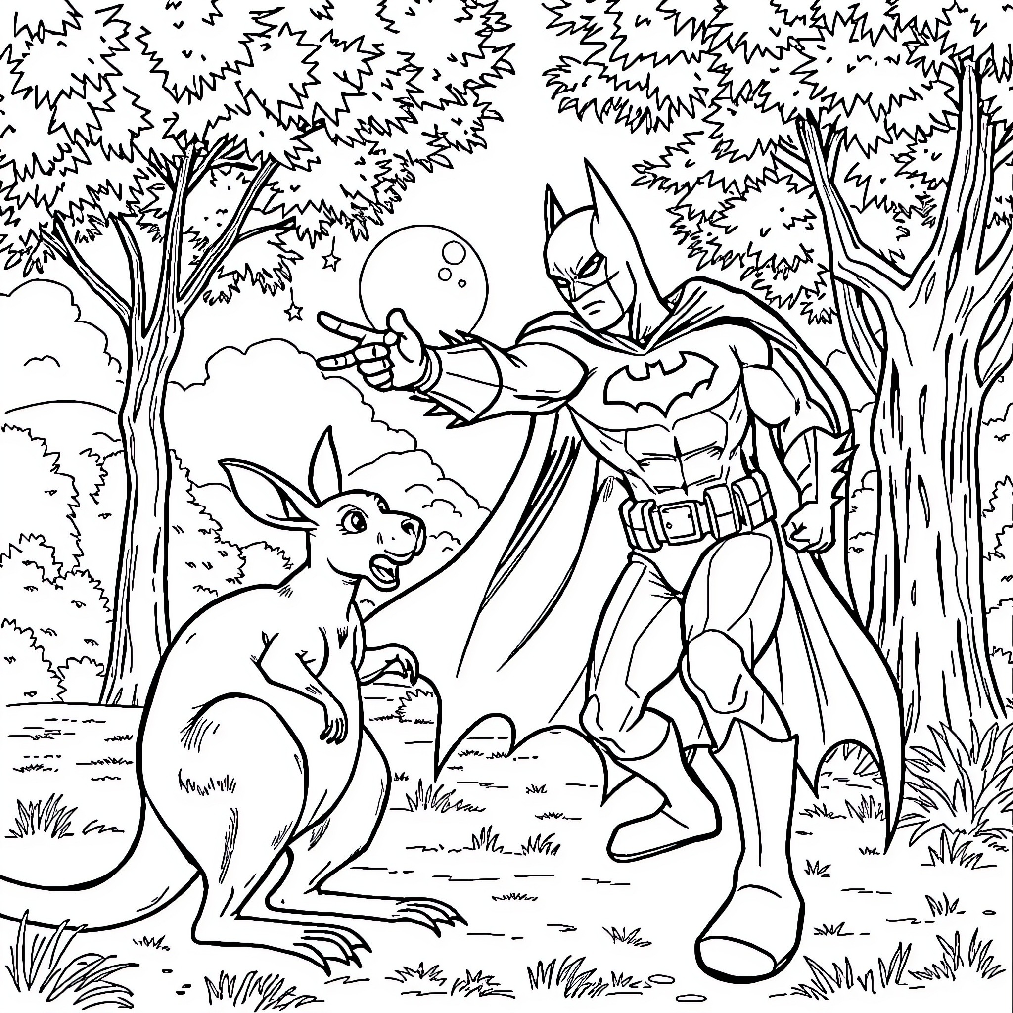 Batman's heroic encounter with a friendly forest animal Coloring Page (free black-and-white line drawing printable PDF for all, from beginners to advanced learners, including children, teens, adults, and seniors)