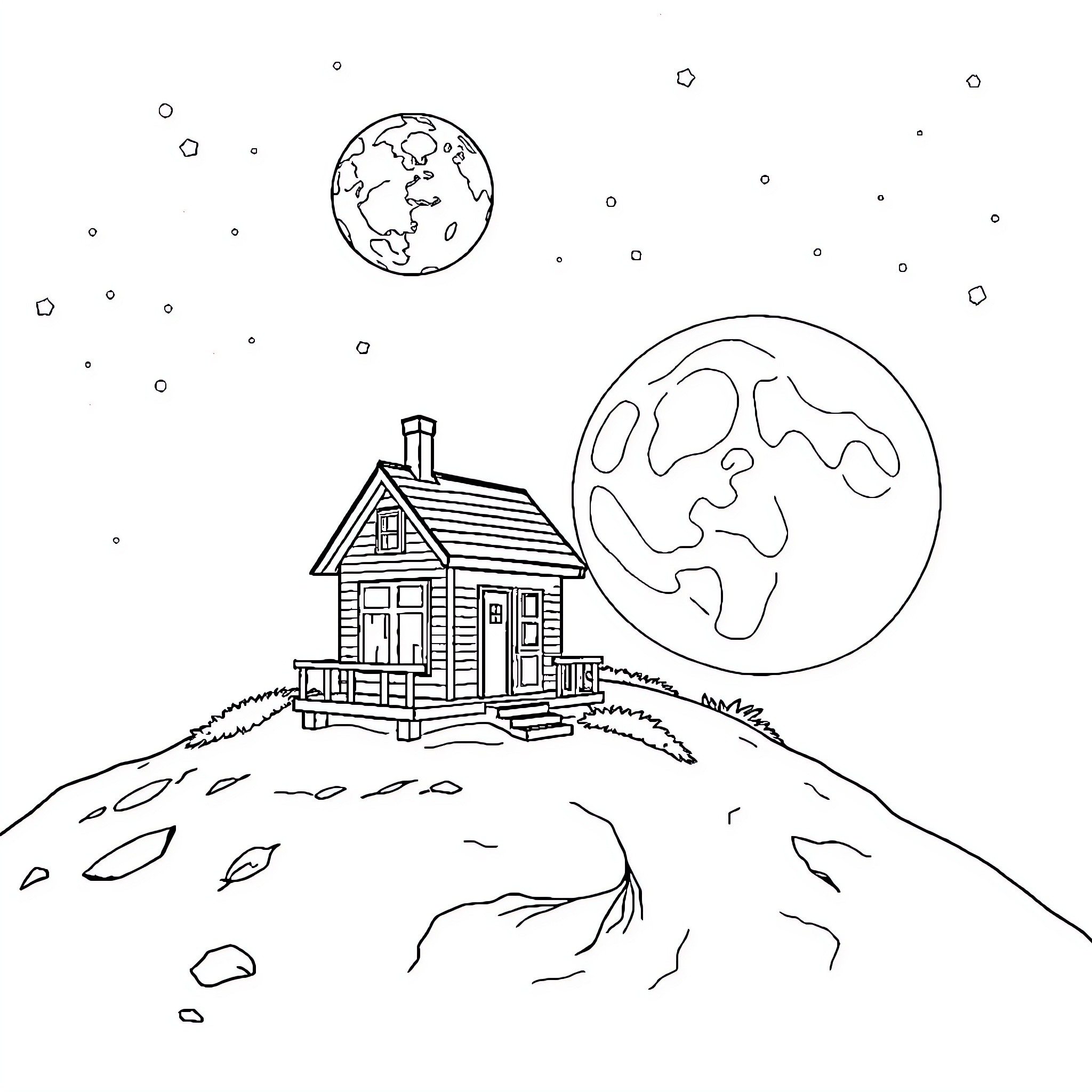 Beach House Overlooking the Peaceful Night Sky Coloring Page (free black-and-white line drawing printable PDF for all, from beginners to advanced learners, including children, teens, adults, and seniors)