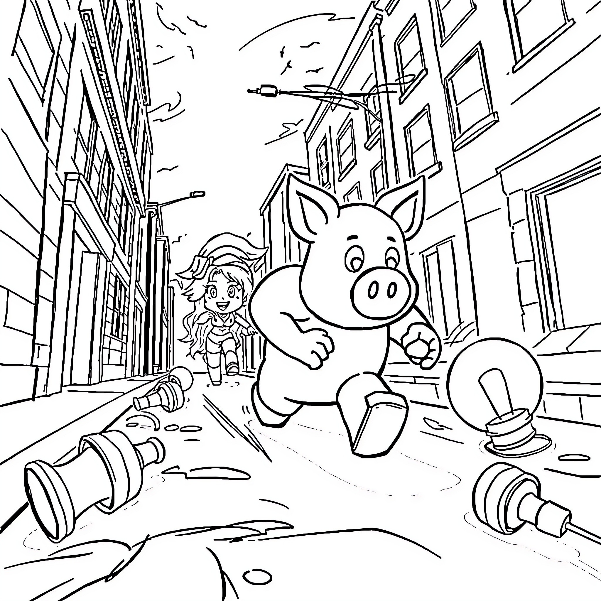 Piggy Exploring the Lively City Street Coloring Page (free black-and-white line drawing printable PDF for all, from beginners to advanced learners, including children, teens, adults, and seniors)