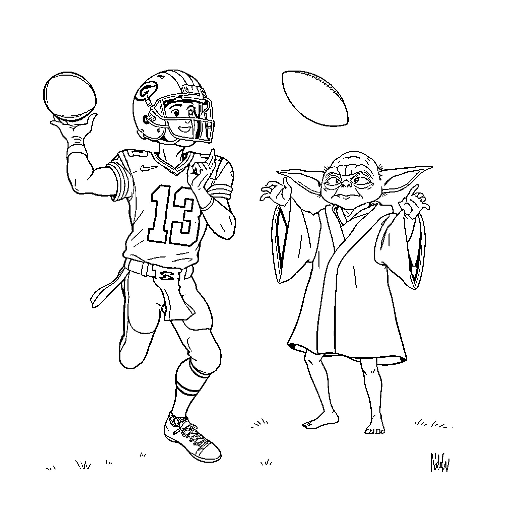 Jordan Love playing football with Yoda Coloring Page (free black-and-white line drawing printable PDF for all, from beginners to advanced learners, including children, teens, adults, and seniors)
