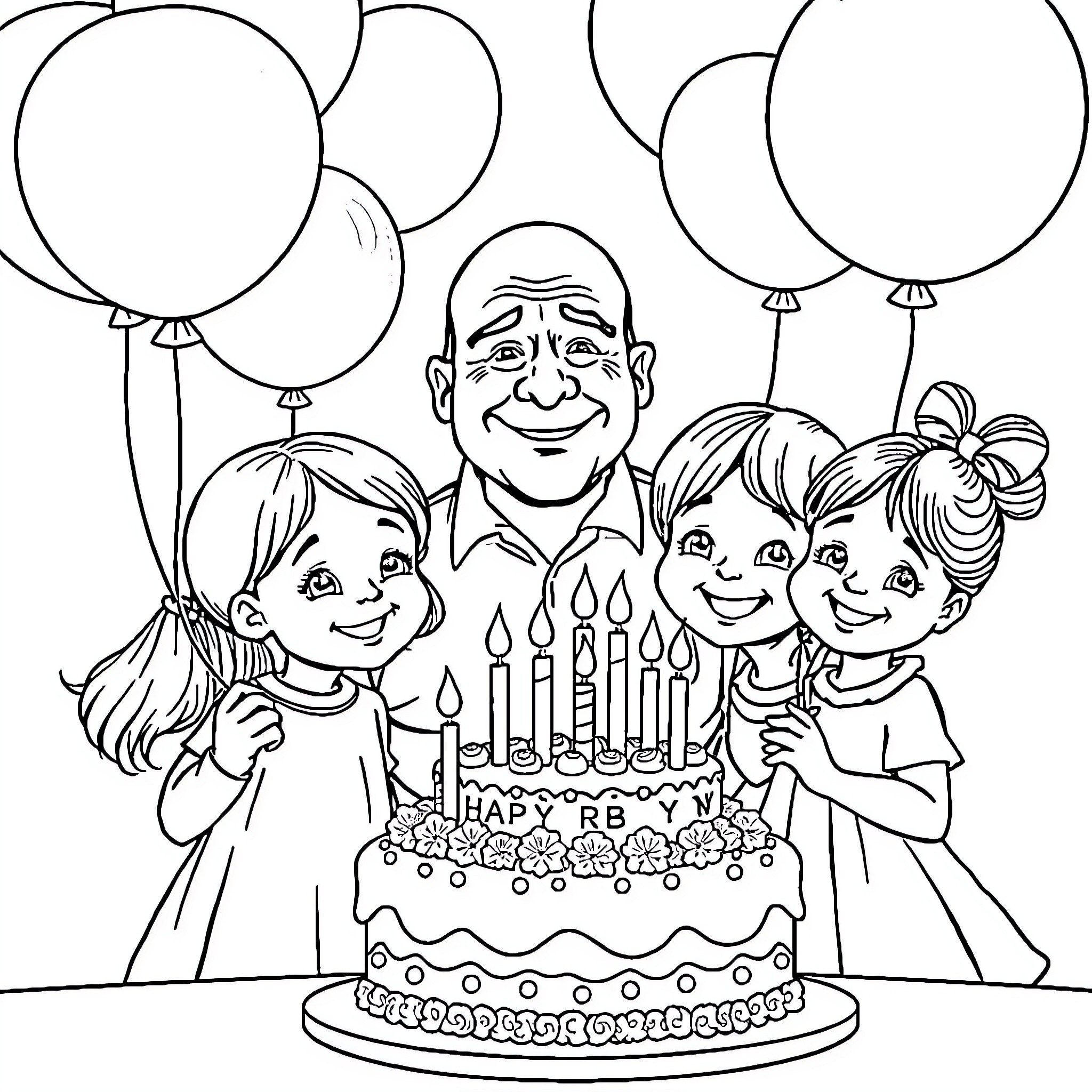 Man celebrating birthday with family and balloons Coloring Page (free black-and-white line drawing printable PDF for all, from beginners to advanced learners, including children, teens, adults, and seniors)