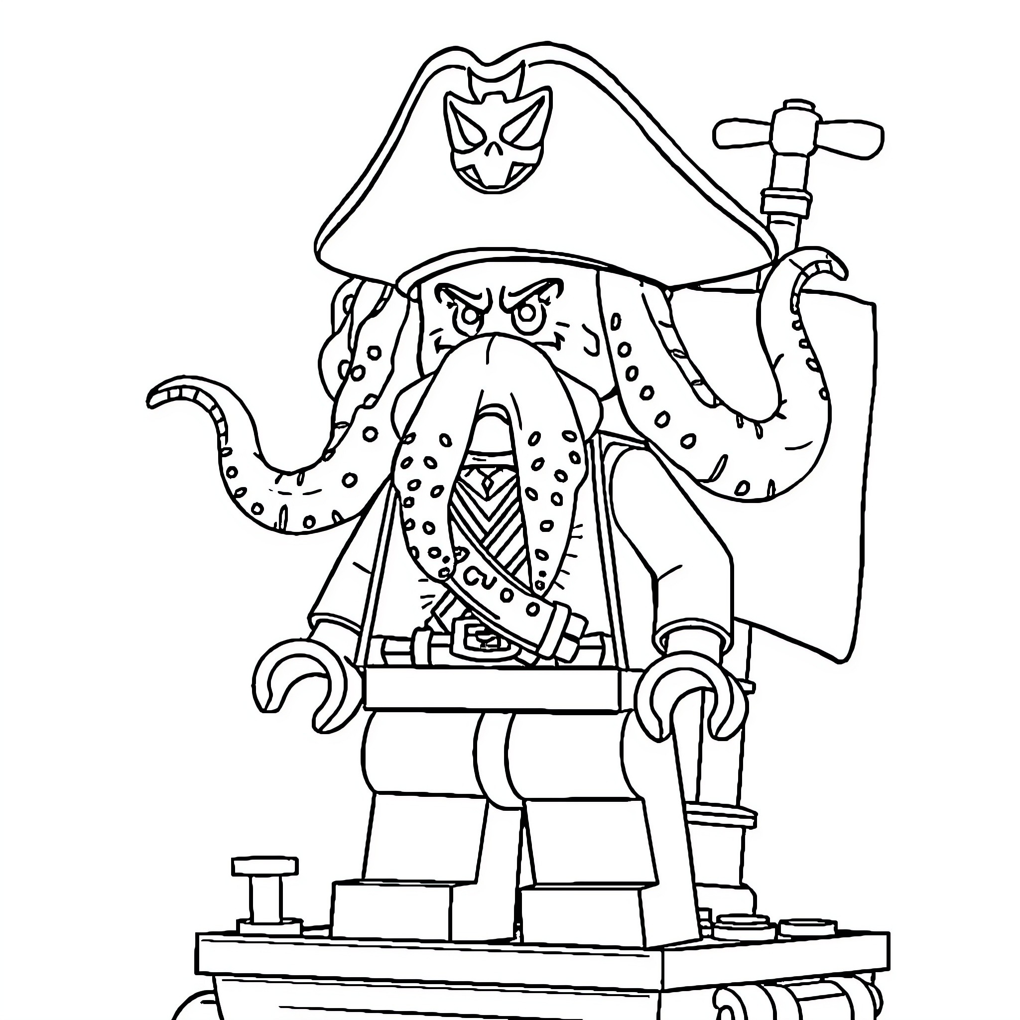 Davy Jones the Pirate Captain with Tentacles Coloring Page (free black-and-white line drawing printable PDF for all, from beginners to advanced learners, including children, teens, adults, and seniors)