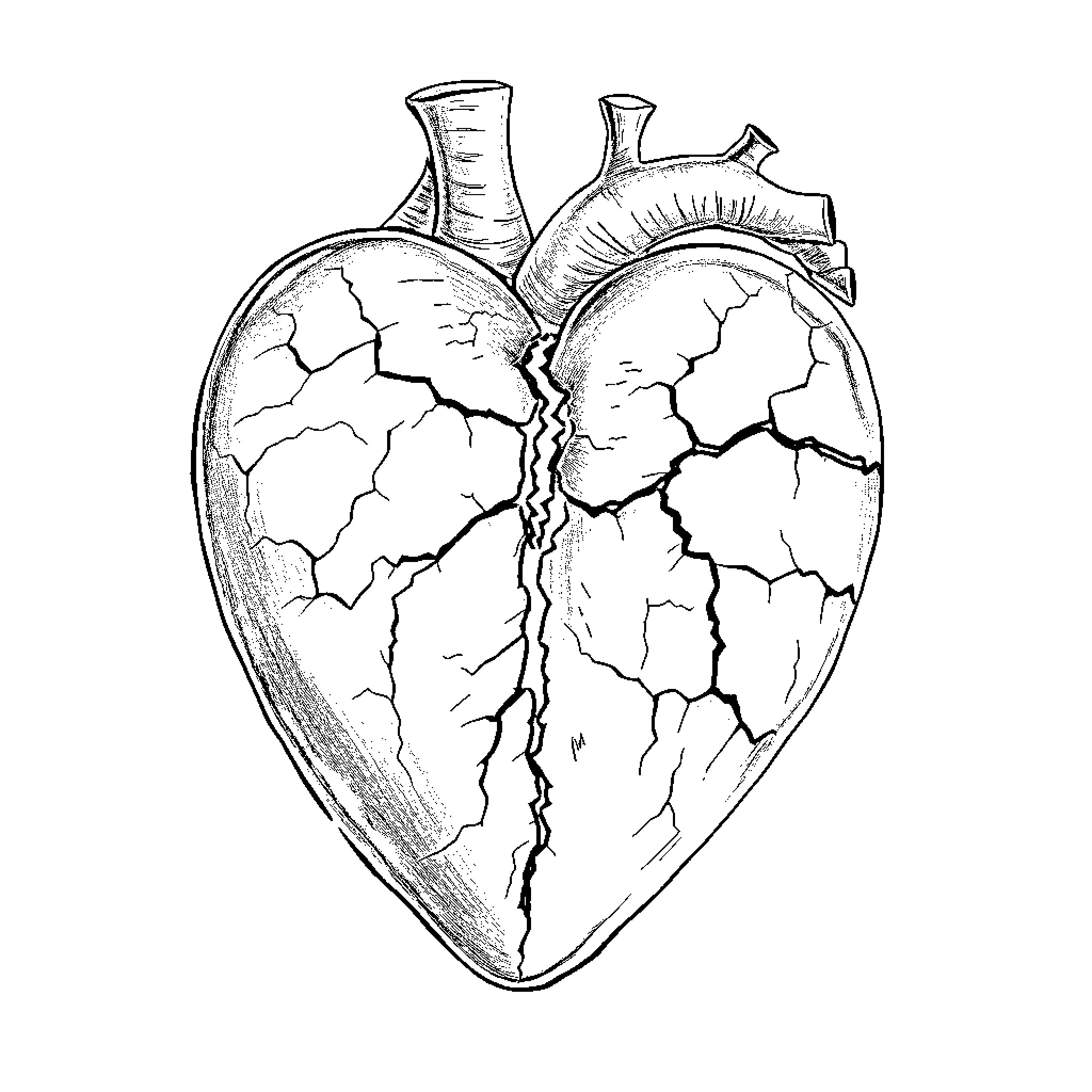 Heart Fractured in Pain Coloring Page (free black-and-white line drawing printable PDF for all, from beginners to advanced learners, including children, teens, adults, and seniors)